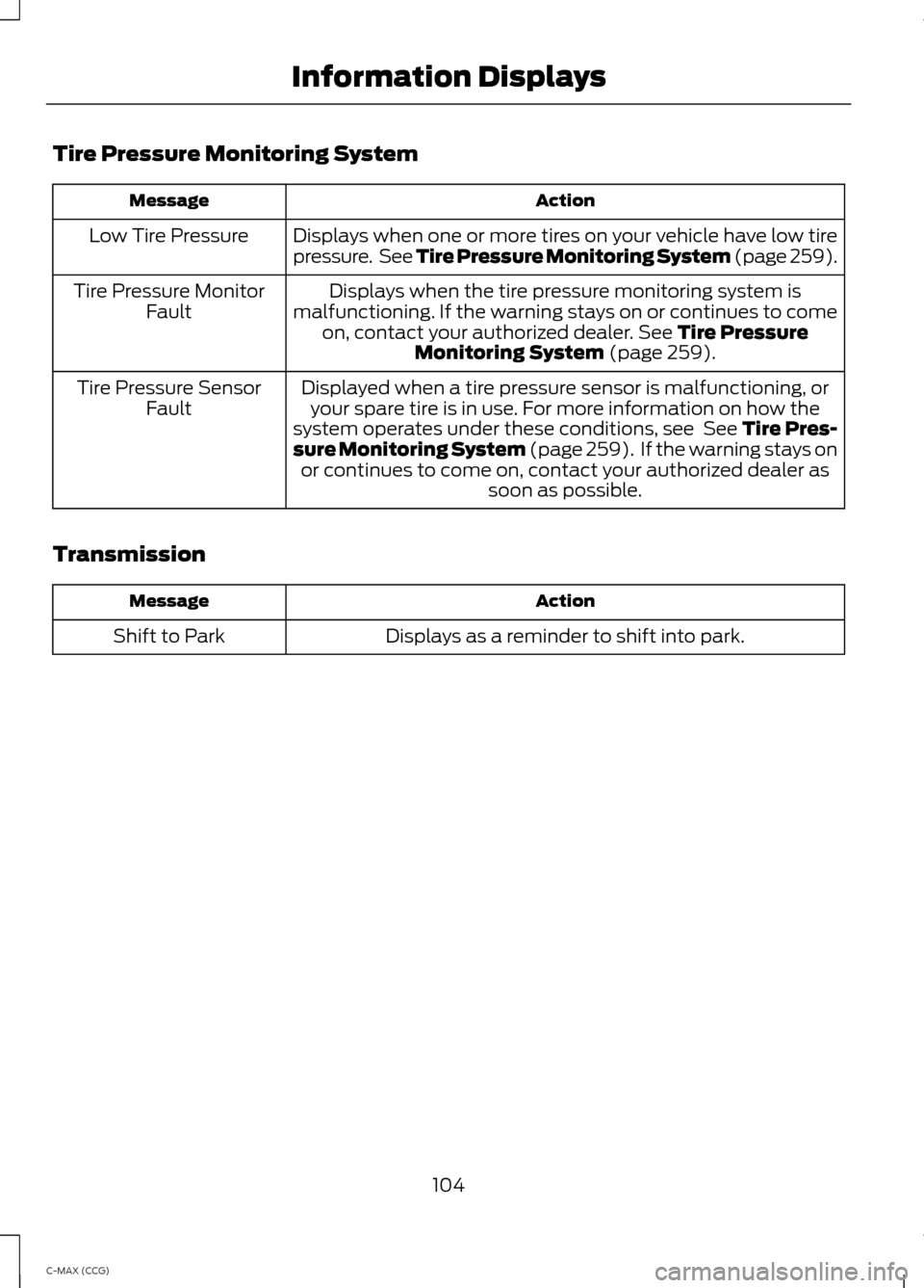 FORD C MAX HYBRID 2014 2.G Owners Manual Tire Pressure Monitoring System
Action
Message
Displays when one or more tires on your vehicle have low tire
pressure.  See Tire Pressure Monitoring System (page 259).
Low Tire Pressure
Displays when 