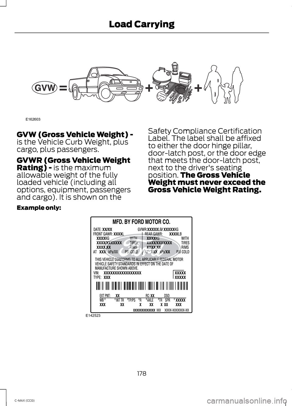 FORD C MAX HYBRID 2014 2.G Owners Manual GVW (Gross Vehicle Weight) -
is the Vehicle Curb Weight, plus
cargo, plus passengers.
GVWR (Gross Vehicle Weight
Rating) - is the maximum
allowable weight of the fully
loaded vehicle (including all
op FORD C MAX HYBRID 2014 2.G Owners Manual GVW (Gross Vehicle Weight) -
is the Vehicle Curb Weight, plus
cargo, plus passengers.
GVWR (Gross Vehicle Weight
Rating) - is the maximum
allowable weight of the fully
loaded vehicle (including all
op
