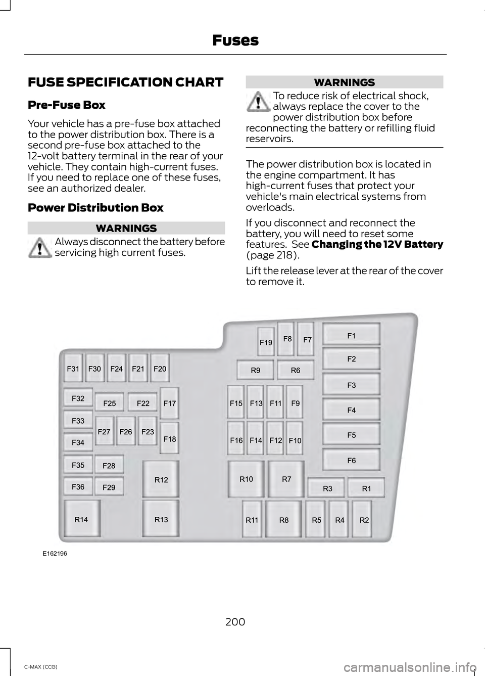 FORD C MAX HYBRID 2014 2.G Owners Manual FUSE SPECIFICATION CHART
Pre-Fuse Box
Your vehicle has a pre-fuse box attached
to the power distribution box. There is a
second pre-fuse box attached to the
12-volt battery terminal in the rear of you FORD C MAX HYBRID 2014 2.G Owners Manual FUSE SPECIFICATION CHART
Pre-Fuse Box
Your vehicle has a pre-fuse box attached
to the power distribution box. There is a
second pre-fuse box attached to the
12-volt battery terminal in the rear of you