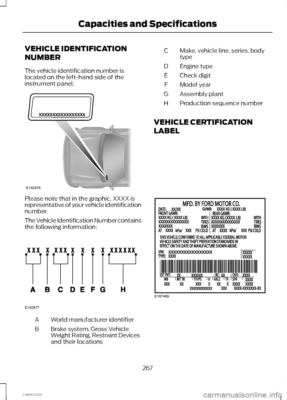 FORD C MAX HYBRID 2014 2.G Owners Guide VEHICLE IDENTIFICATION
NUMBER
The vehicle identification number is
located on the left-hand side of the
instrument panel.
Please note that in the graphic, XXXX is
representative of your vehicle identi FORD C MAX HYBRID 2014 2.G Owners Guide VEHICLE IDENTIFICATION
NUMBER
The vehicle identification number is
located on the left-hand side of the
instrument panel.
Please note that in the graphic, XXXX is
representative of your vehicle identi