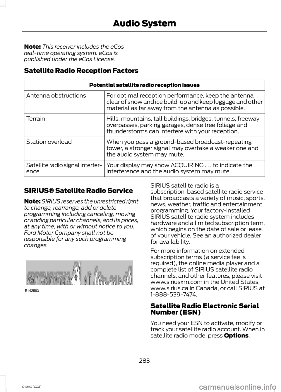 FORD C MAX HYBRID 2014 2.G Owners Manual Note:
This receiver includes the eCos
real-time operating system. eCos is
published under the eCos License.
Satellite Radio Reception Factors Potential satellite radio reception issues
For optimal rec