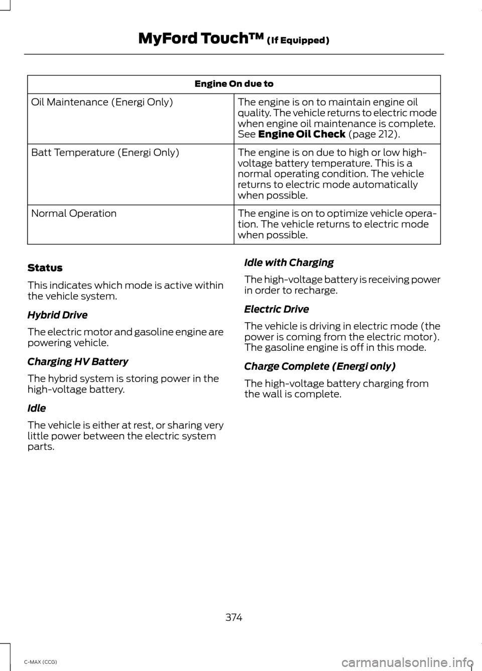 FORD C MAX HYBRID 2014 2.G Owners Guide Engine On due to
The engine is on to maintain engine oil
quality. The vehicle returns to electric mode
when engine oil maintenance is complete.
See Engine Oil Check (page 212).
Oil Maintenance (Energi FORD C MAX HYBRID 2014 2.G Owners Guide Engine On due to
The engine is on to maintain engine oil
quality. The vehicle returns to electric mode
when engine oil maintenance is complete.
See Engine Oil Check (page 212).
Oil Maintenance (Energi