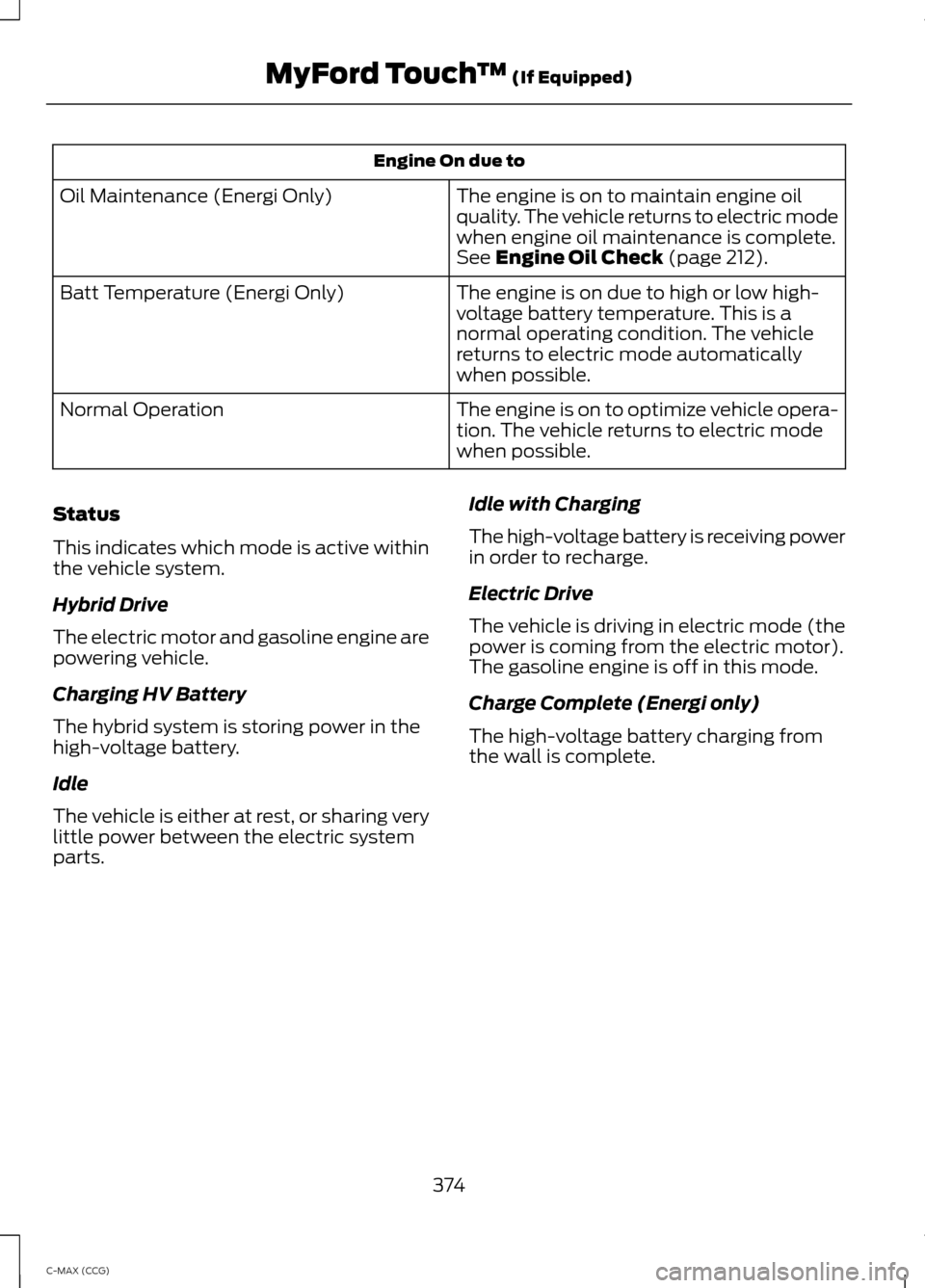 FORD C MAX HYBRID 2014 2.G Manual Online Engine On due to
The engine is on to maintain engine oil
quality. The vehicle returns to electric mode
when engine oil maintenance is complete.
See Engine Oil Check (page 212).
Oil Maintenance (Energi