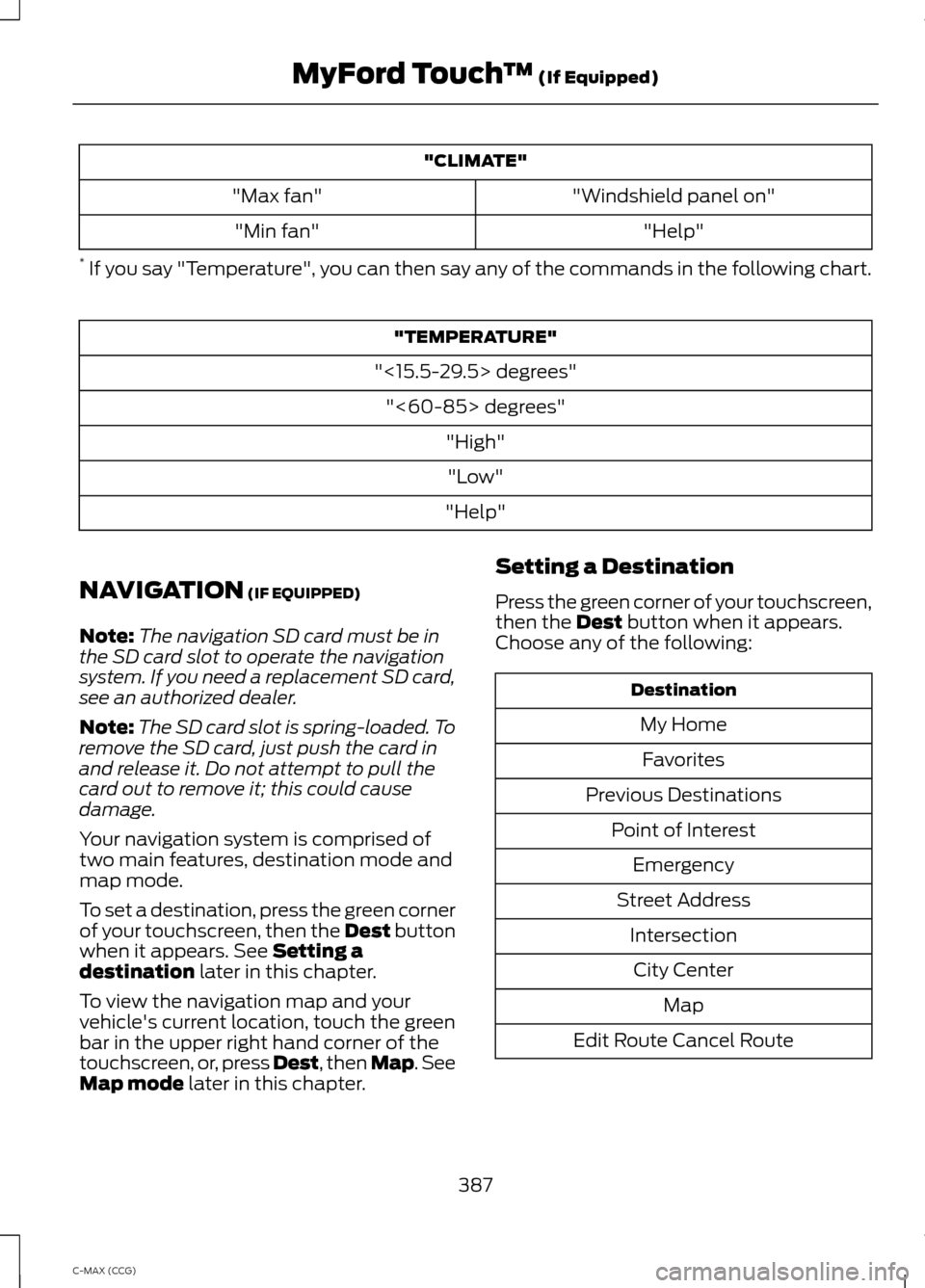 FORD C MAX HYBRID 2014 2.G Owners Manual "CLIMATE"
"Windshield panel on"
"Max fan"
"Help"
"Min fan"
* If you say "Temperature", you can then say any of the commands in the following chart. "TEMPERATURE"
"<15.5-29.5> degrees" "<60-85> degree FORD C MAX HYBRID 2014 2.G Owners Manual "CLIMATE"
"Windshield panel on"
"Max fan"
"Help"
"Min fan"
* If you say "Temperature", you can then say any of the commands in the following chart. "TEMPERATURE"
"<15.5-29.5> degrees" "<60-85> degree
