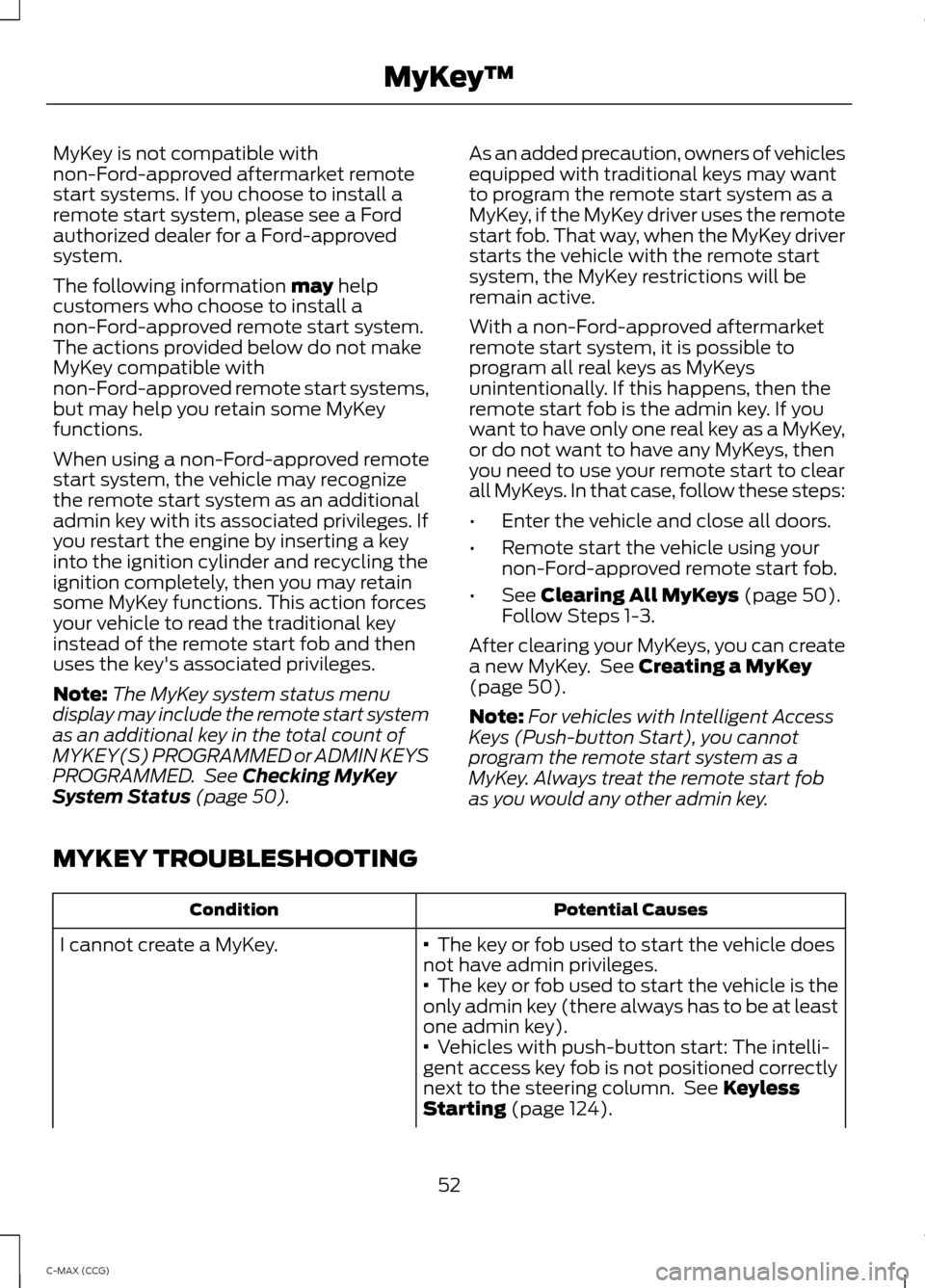 FORD C MAX HYBRID 2014 2.G Owners Manual MyKey is not compatible with
non-Ford-approved aftermarket remote
start systems. If you choose to install a
remote start system, please see a Ford
authorized dealer for a Ford-approved
system.
The fol