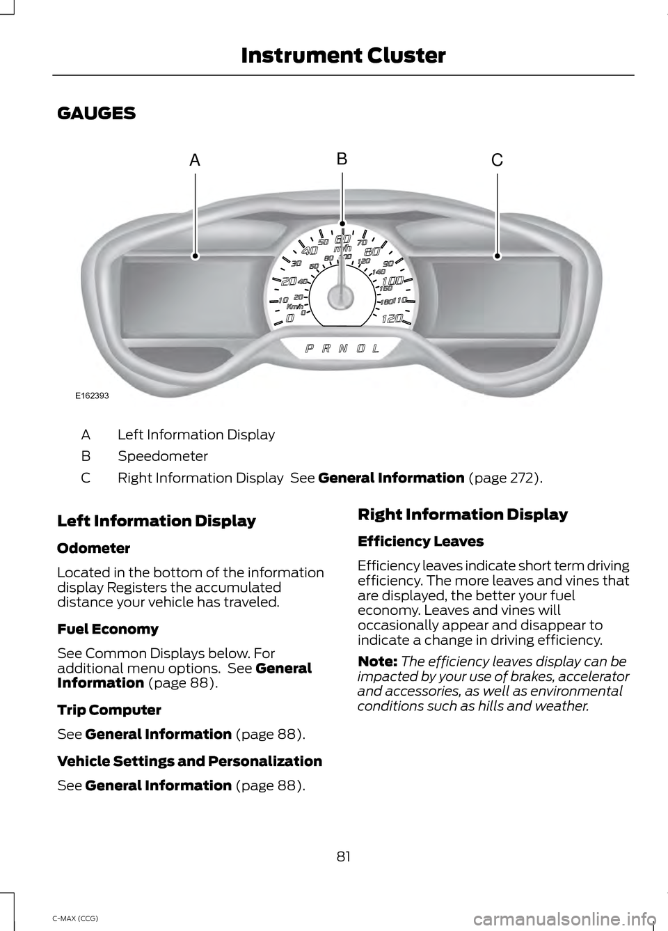 FORD C MAX HYBRID 2014 2.G Owners Manual GAUGES
Left Information Display
A
Speedometer
B
Right Information Display  See General Information (page 272).
C
Left Information Display
Odometer
Located in the bottom of the information
display Regi