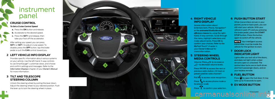 FORD C MAX HYBRID 2014 2.G Quick Reference Guide instrument
panel
7
4
5
4
2
2
4 RIGHT VEHICLE
INFO DISPLAY
Access information about
Entertainment, Phone, Navigation*
or the animated EcoGuide and
efficiency leaves by using the right-
hand, FORD C MAX HYBRID 2014 2.G Quick Reference Guide instrument
panel
7
4
5
4
2
2
4 RIGHT VEHICLE
INFO DISPLAY
Access information about
Entertainment, Phone, Navigation*
or the animated EcoGuide and
efficiency leaves by using the right-
hand,