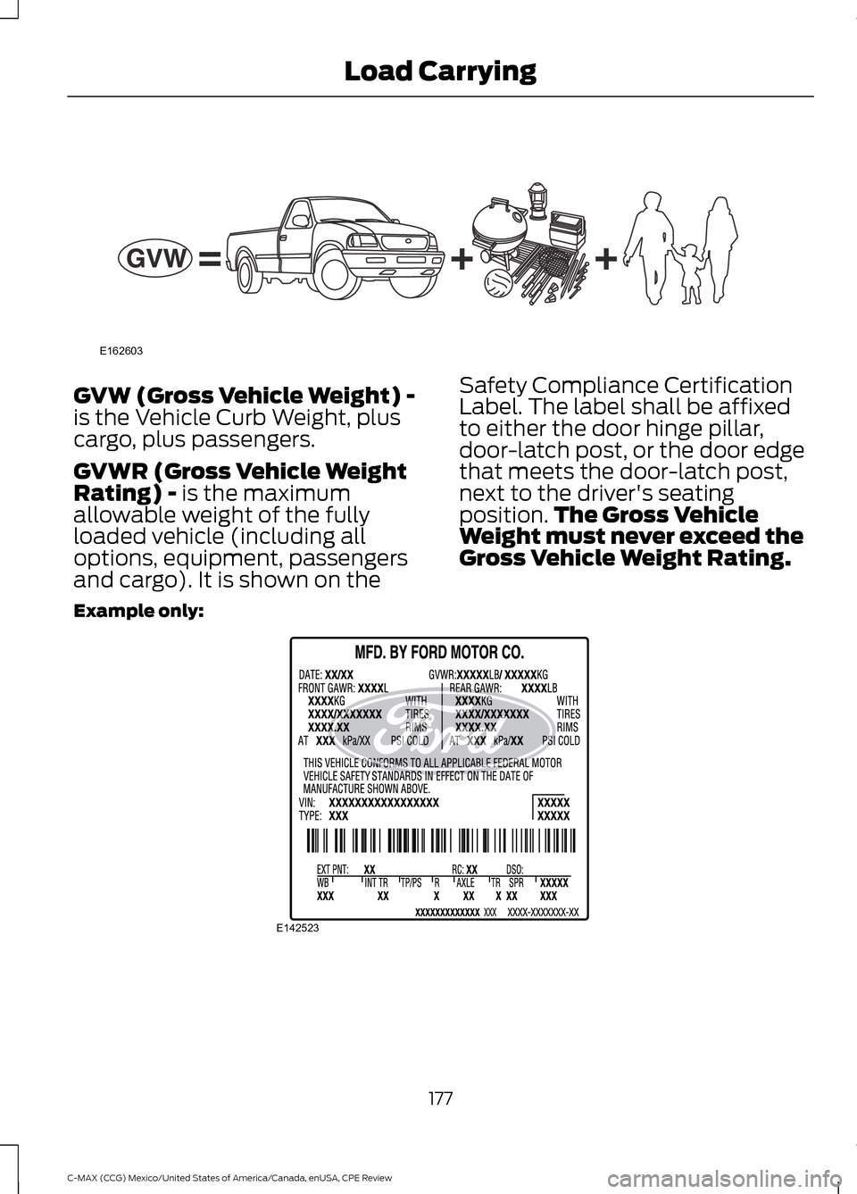 FORD C MAX HYBRID 2015 2.G Owners Manual GVW (Gross Vehicle Weight) -
is the Vehicle Curb Weight, plus
cargo, plus passengers.
GVWR (Gross Vehicle Weight
Rating) - is the maximum
allowable weight of the fully
loaded vehicle (including all
op