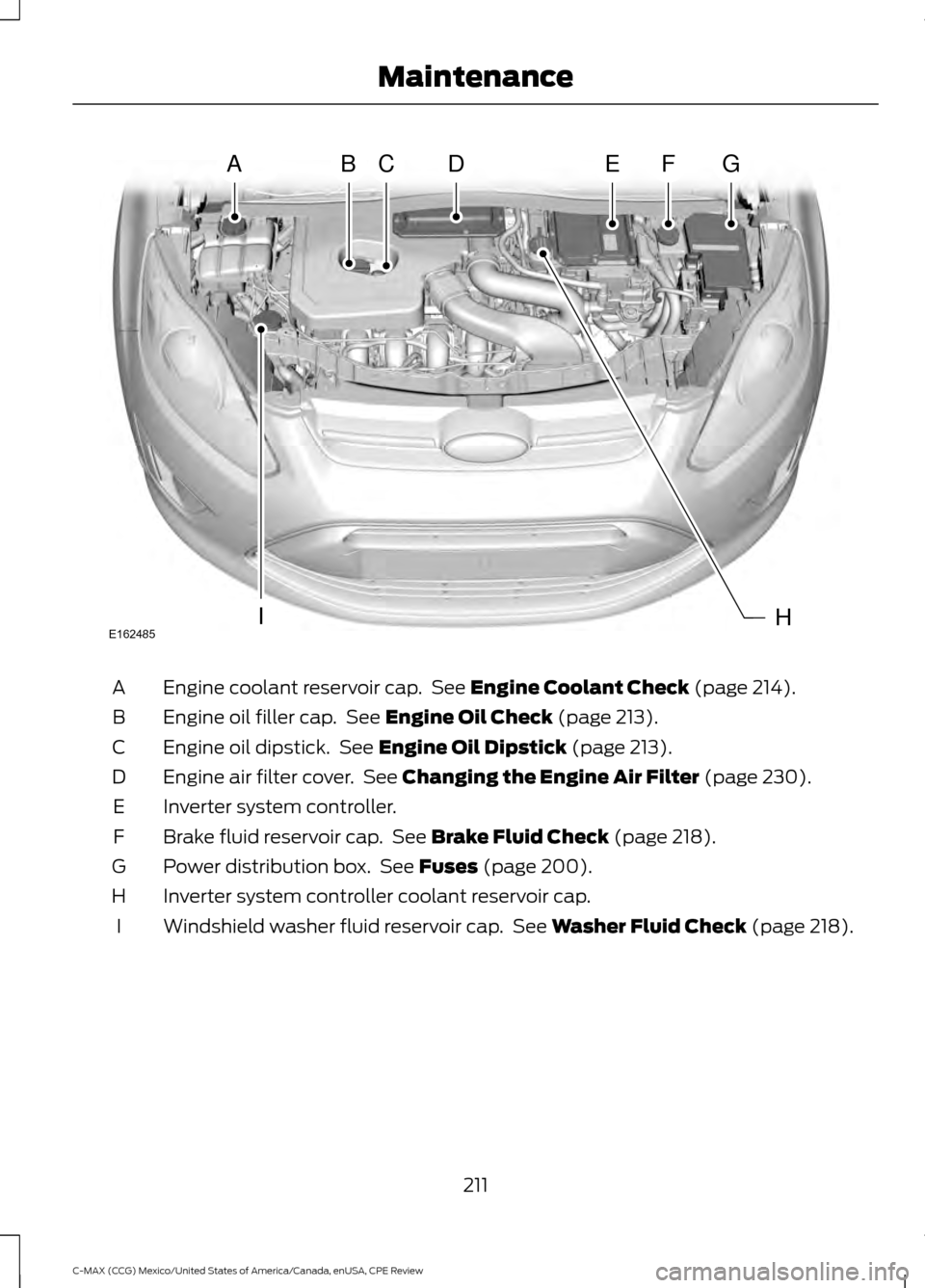 FORD C MAX HYBRID 2015 2.G Owners Manual Engine coolant reservoir cap.  See Engine Coolant Check (page 214).
A
Engine oil filler cap.  See 
Engine Oil Check (page 213).
B
Engine oil dipstick.  See 
Engine Oil Dipstick (page 213).
C
Engine ai