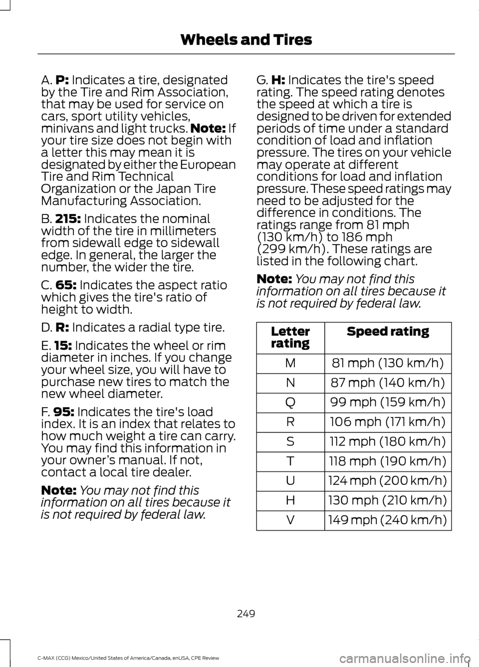 FORD C MAX HYBRID 2015 2.G Owners Manual A.
P: Indicates a tire, designated
by the Tire and Rim Association,
that may be used for service on
cars, sport utility vehicles,
minivans and light trucks. Note:
 If
your tire size does not begin wit