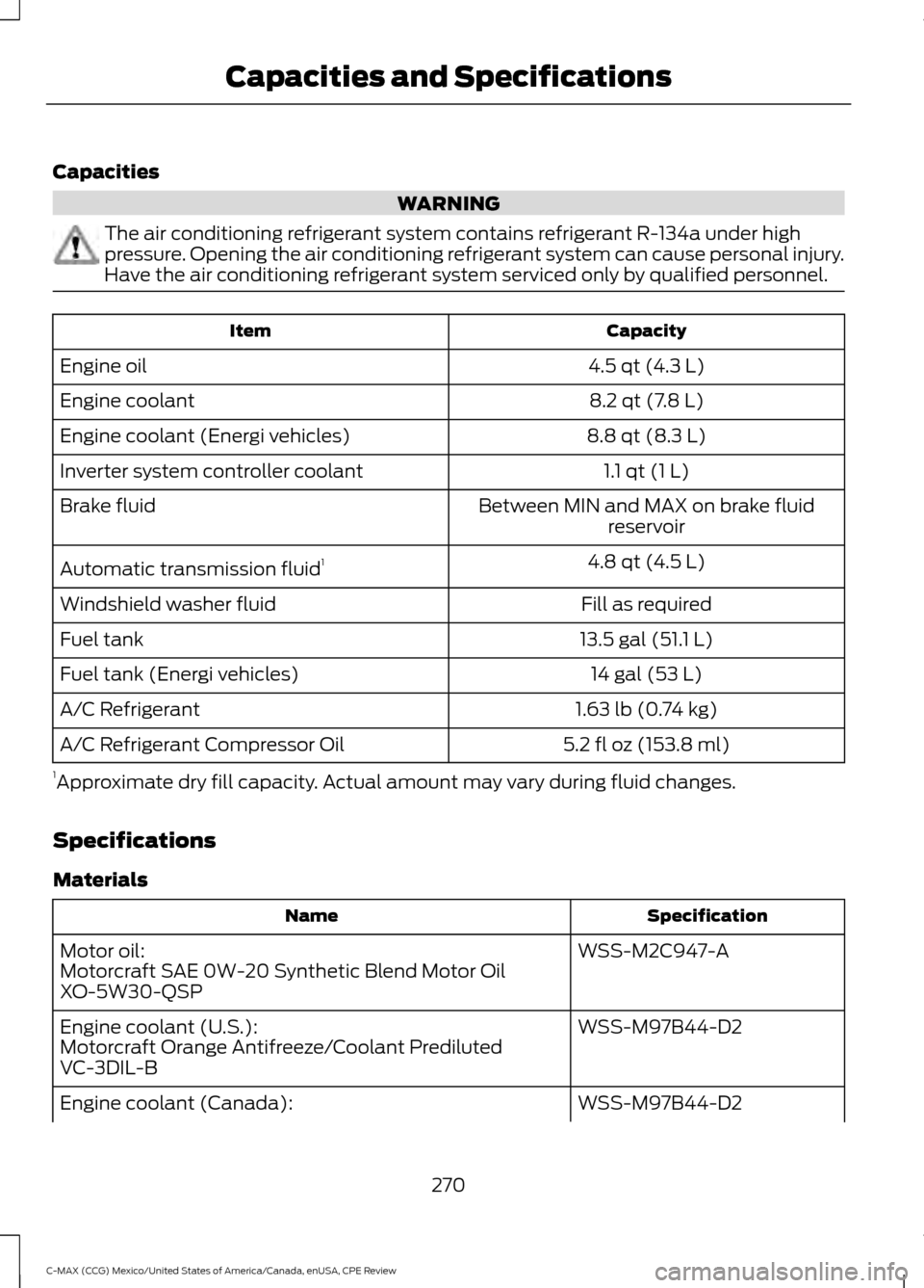 FORD C MAX HYBRID 2015 2.G User Guide Capacities
WARNING
The air conditioning refrigerant system contains refrigerant R-134a under high
pressure. Opening the air conditioning refrigerant system can cause personal injury.
Have the air cond