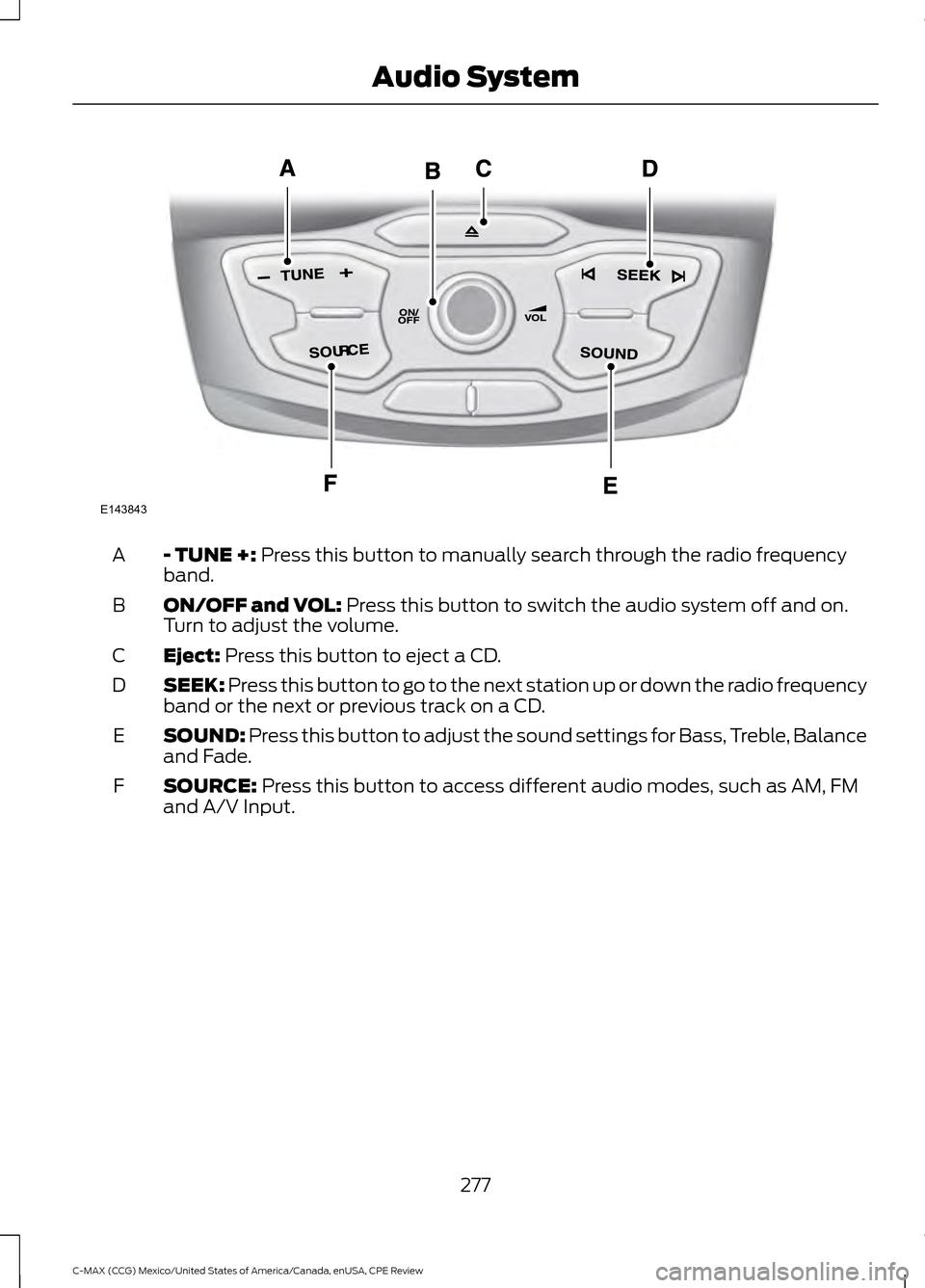 FORD C MAX HYBRID 2015 2.G Owners Manual - TUNE +: Press this button to manually search through the radio frequency
band.
A
ON/OFF and VOL:
 Press this button to switch the audio system off and on.
Turn to adjust the volume.
B
Eject:
 Press 