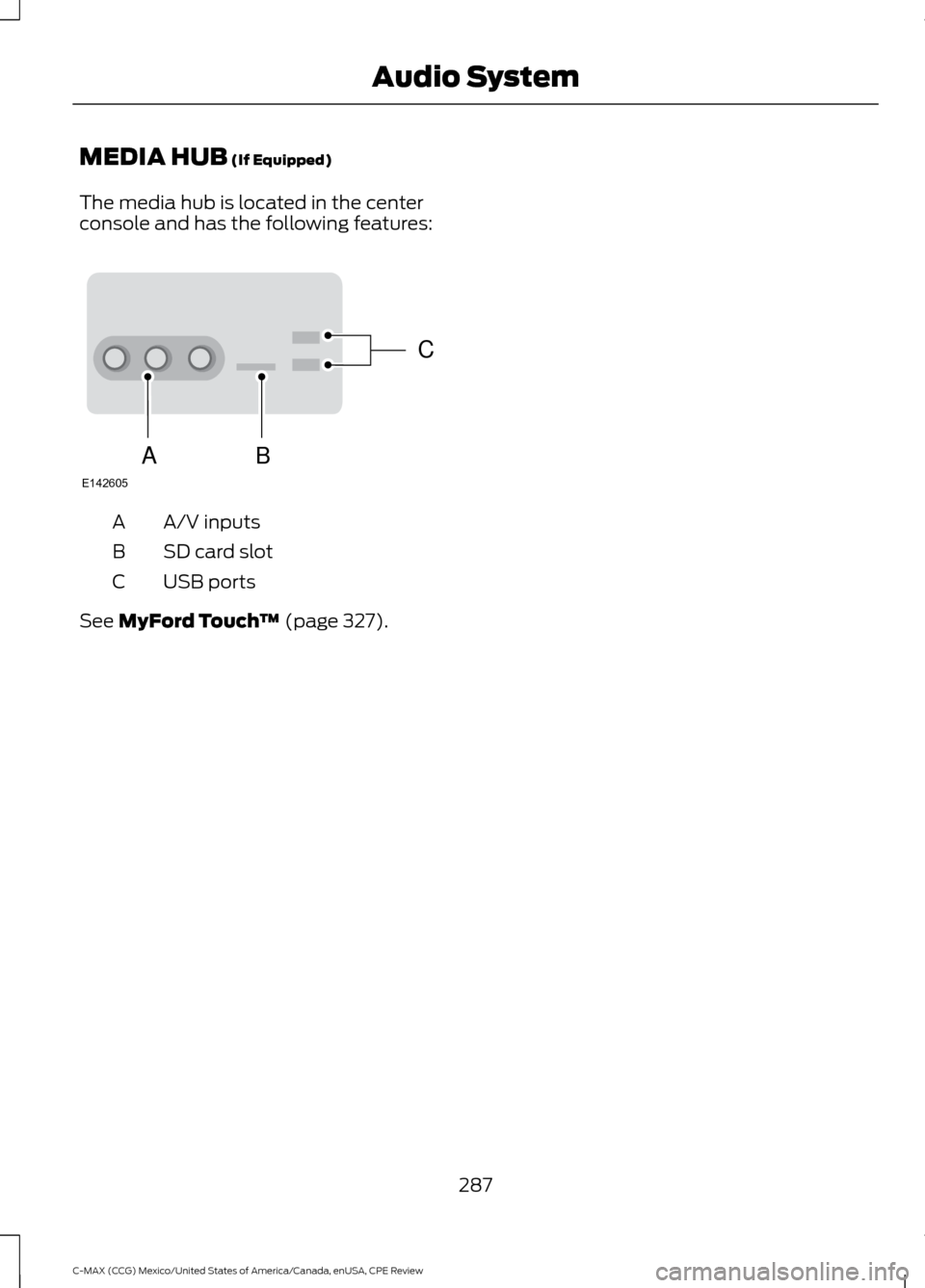 FORD C MAX HYBRID 2015 2.G Owners Manual MEDIA HUB (If Equipped)
The media hub is located in the center
console and has the following features: A/V inputs
A
SD card slot
B
USB ports
C
See 
MyFord Touch ™ (page 327).
287
C-MAX (CCG) Mexico/