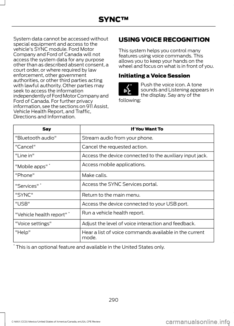 FORD C MAX HYBRID 2015 2.G Repair Manual System data cannot be accessed without
special equipment and access to the
vehicles SYNC module. Ford Motor
Company and Ford of Canada will not
access the system data for any purpose
other than as de FORD C MAX HYBRID 2015 2.G Repair Manual System data cannot be accessed without
special equipment and access to the
vehicles SYNC module. Ford Motor
Company and Ford of Canada will not
access the system data for any purpose
other than as de