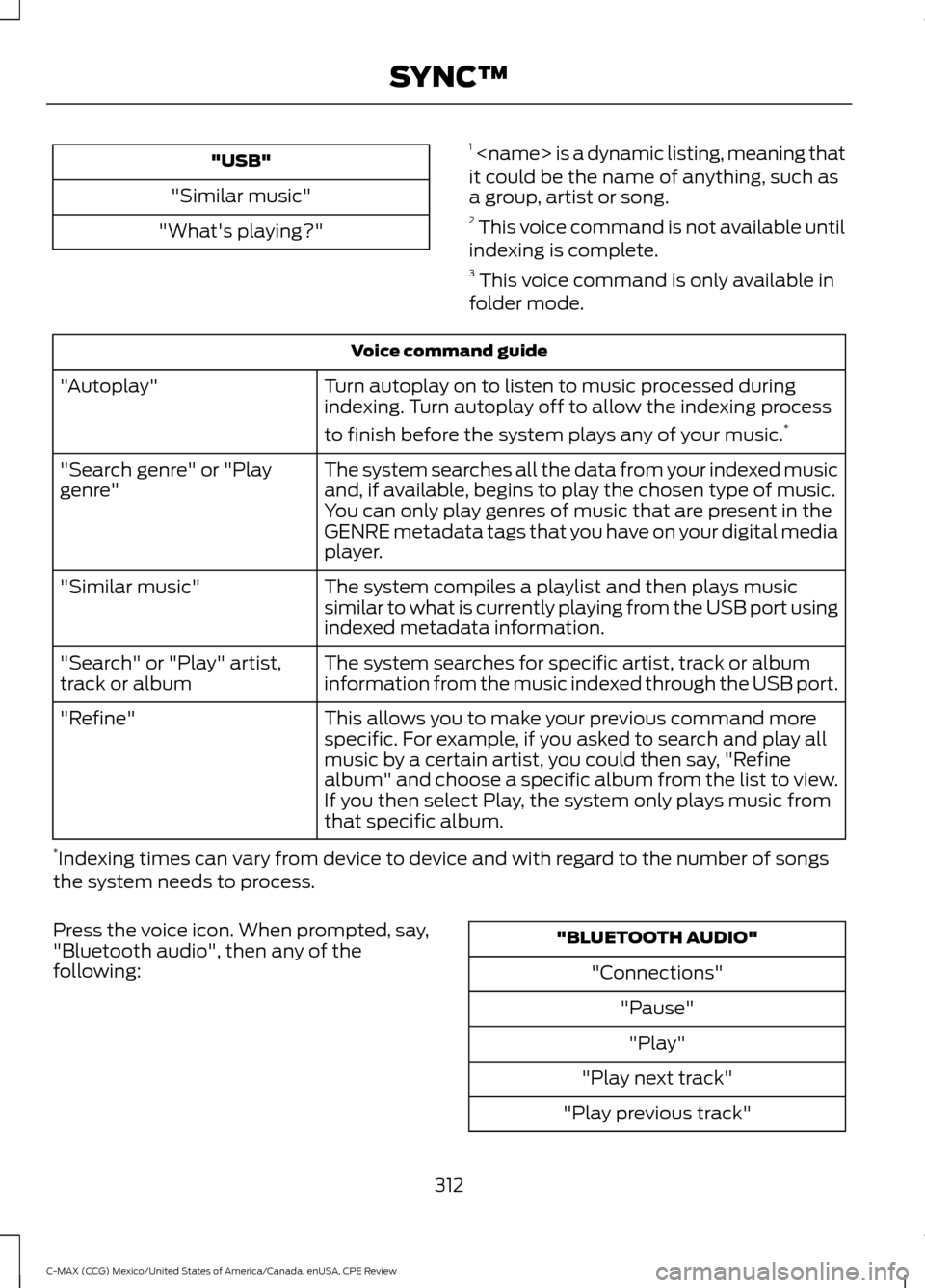 FORD C MAX HYBRID 2015 2.G Owners Manual "USB"
"Similar music"
"Whats playing?" 1
 <name> is a dynamic listing, meaning that
it could be the name of anything, such as
a group, artist or song.
2  This voice command is not available until
ind