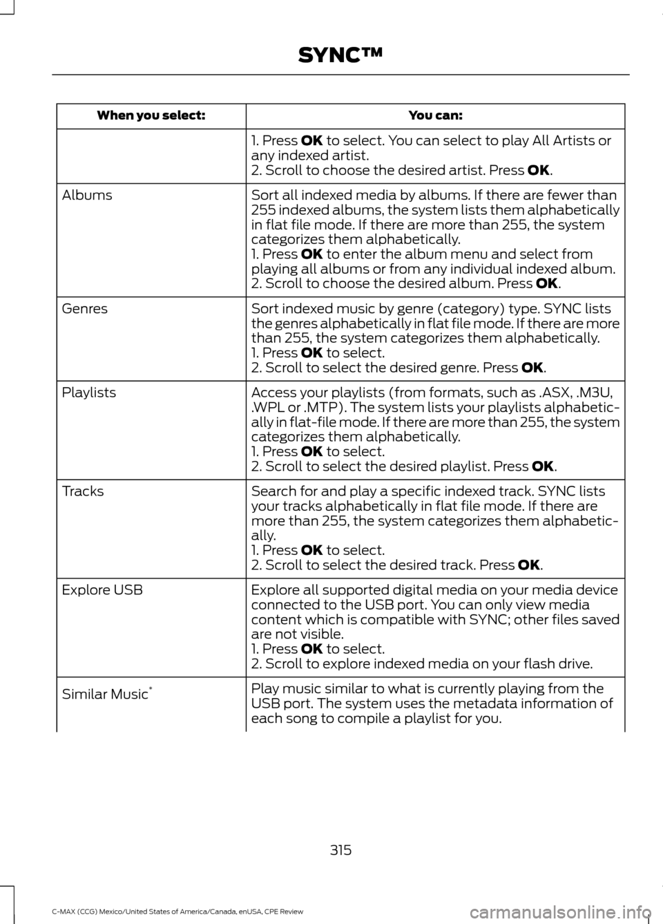 FORD C MAX HYBRID 2015 2.G User Guide You can:
When you select:
1. Press OK to select. You can select to play All Artists or
any indexed artist.
2. Scroll to choose the desired artist. Press
OK.
Sort all indexed media by albums. If there FORD C MAX HYBRID 2015 2.G User Guide You can:
When you select:
1. Press OK to select. You can select to play All Artists or
any indexed artist.
2. Scroll to choose the desired artist. Press
OK.
Sort all indexed media by albums. If there