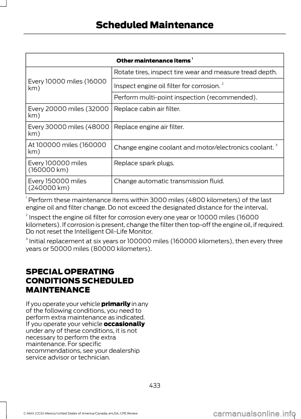 FORD C MAX HYBRID 2015 2.G Owners Manual Other maintenance items 
1
Rotate tires, inspect tire wear and measure tread depth.
Every 10000 miles (16000
km) Inspect engine oil filter for corrosion. 2
Perform multi-point inspection (recommended)