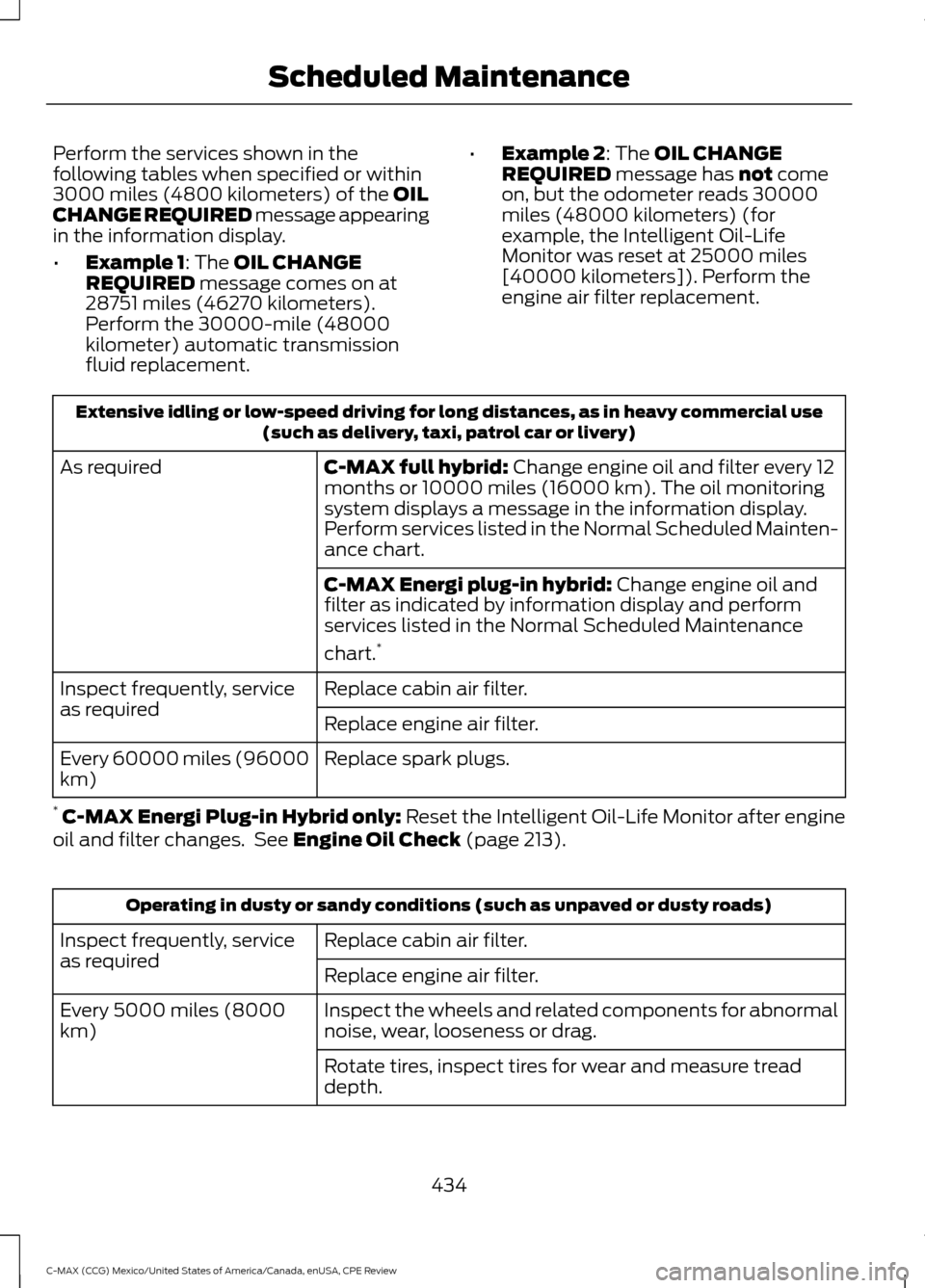 FORD C MAX HYBRID 2015 2.G Owners Manual Perform the services shown in the
following tables when specified or within
3000 miles (4800 kilometers) of the OIL
CHANGE REQUIRED message appearing
in the information display.
• Example 1
: The OI FORD C MAX HYBRID 2015 2.G Owners Manual Perform the services shown in the
following tables when specified or within
3000 miles (4800 kilometers) of the OIL
CHANGE REQUIRED message appearing
in the information display.
• Example 1
: The OI