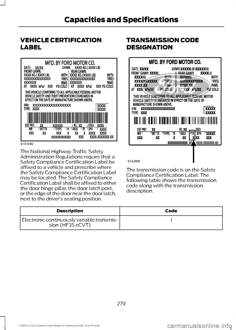 FORD C MAX HYBRID 2016 2.G User Guide VEHICLE CERTIFICATION
LABEL
The National Highway Traffic Safety
Administration Regulations require that a
Safety Compliance Certification Label be
affixed to a vehicle and prescribe where
the Safety C FORD C MAX HYBRID 2016 2.G User Guide VEHICLE CERTIFICATION
LABEL
The National Highway Traffic Safety
Administration Regulations require that a
Safety Compliance Certification Label be
affixed to a vehicle and prescribe where
the Safety C
