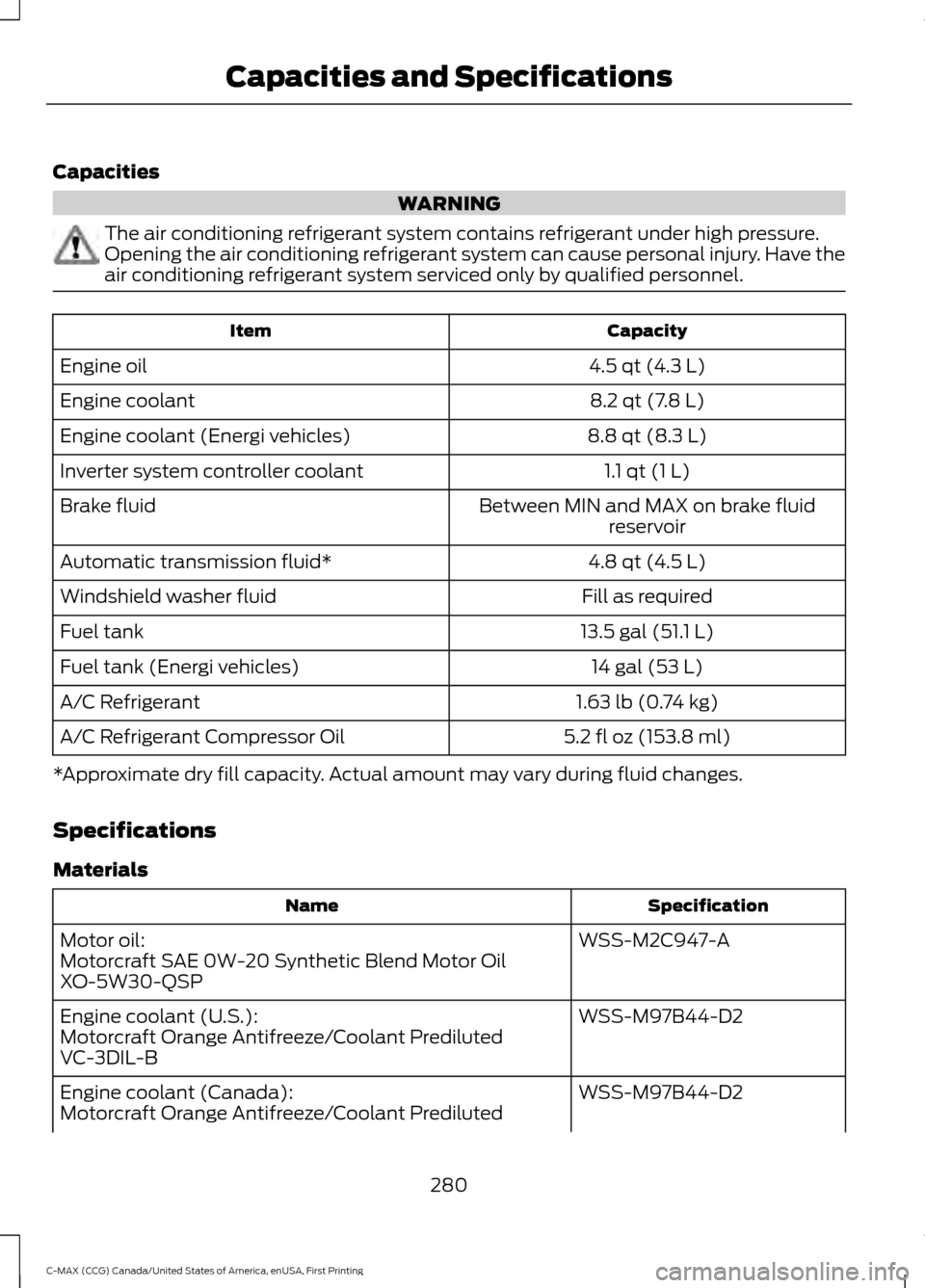 FORD C MAX HYBRID 2016 2.G User Guide Capacities
WARNING
The air conditioning refrigerant system contains refrigerant under high pressure.
Opening the air conditioning refrigerant system can cause personal injury. Have the
air conditionin