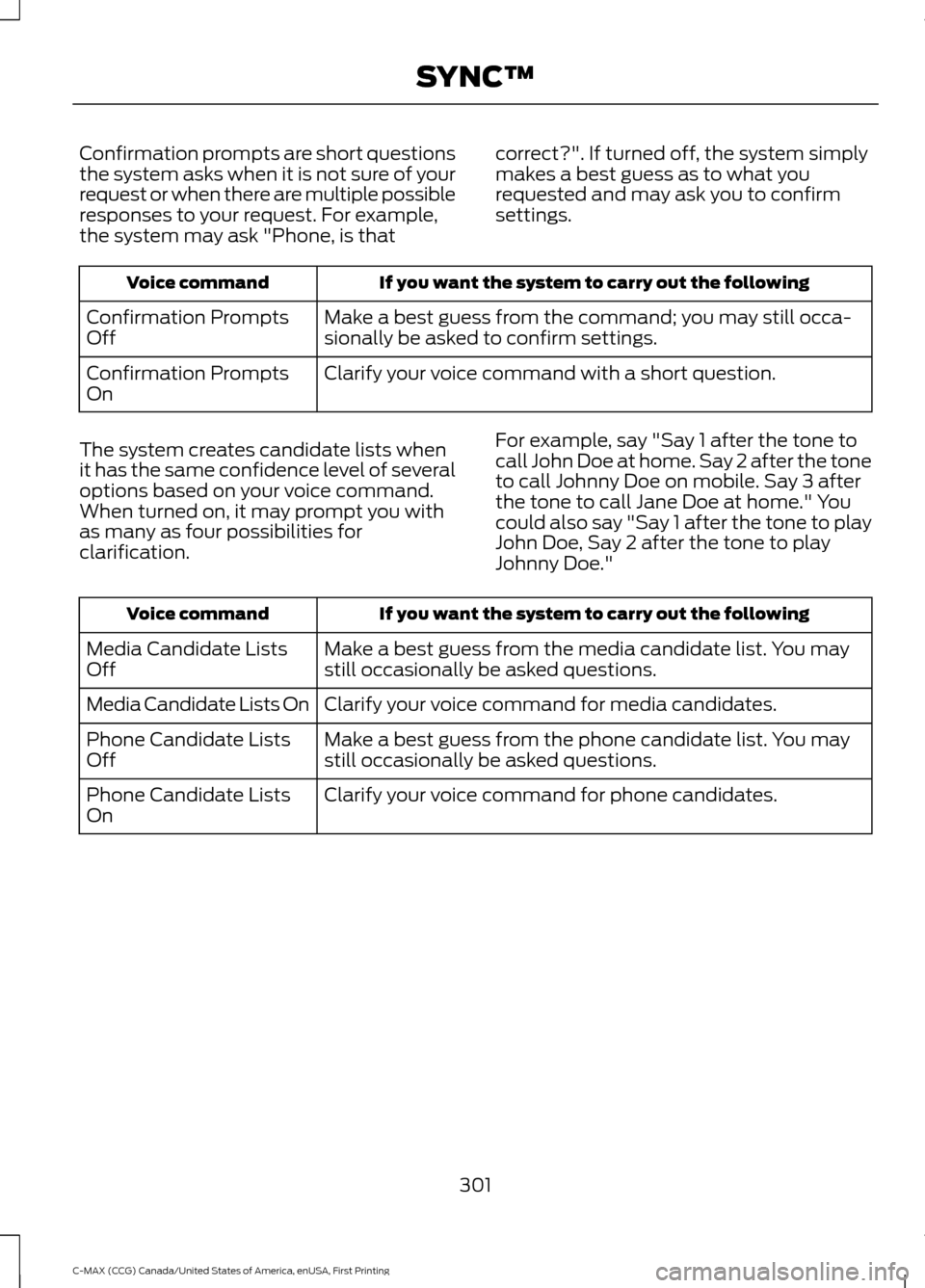 FORD C MAX HYBRID 2016 2.G Service Manual Confirmation prompts are short questions
the system asks when it is not sure of your
request or when there are multiple possible
responses to your request. For example,
the system may ask "Phone, is t FORD C MAX HYBRID 2016 2.G Service Manual Confirmation prompts are short questions
the system asks when it is not sure of your
request or when there are multiple possible
responses to your request. For example,
the system may ask "Phone, is t