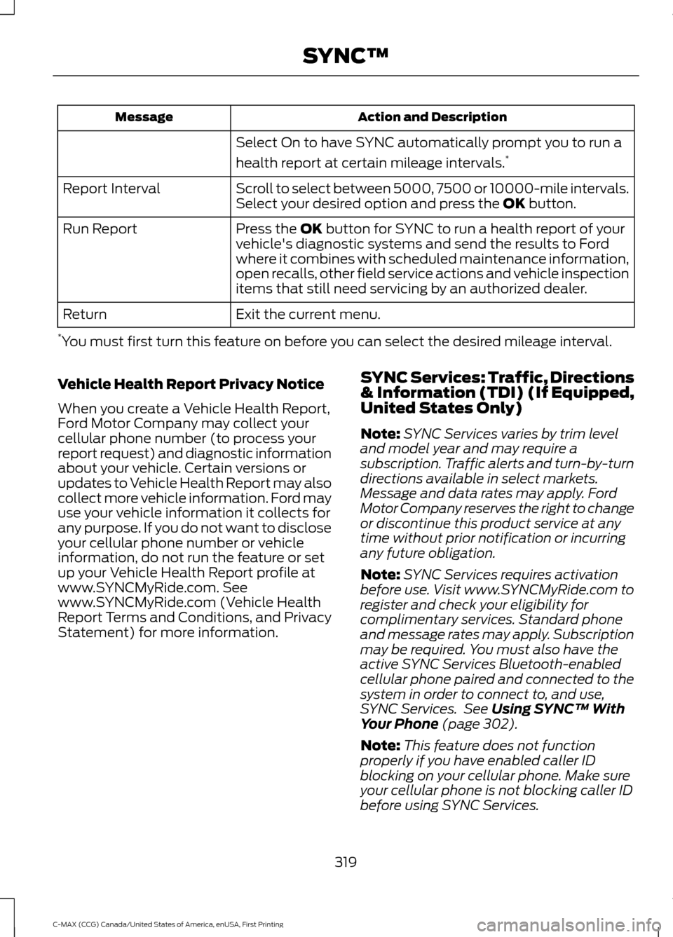 FORD C MAX HYBRID 2016 2.G Owners Manual Action and Description
Message
Select On to have SYNC automatically prompt you to run a
health report at certain mileage intervals. *
Scroll to select between 5000, 7500 or 10000-mile intervals.
Selec
