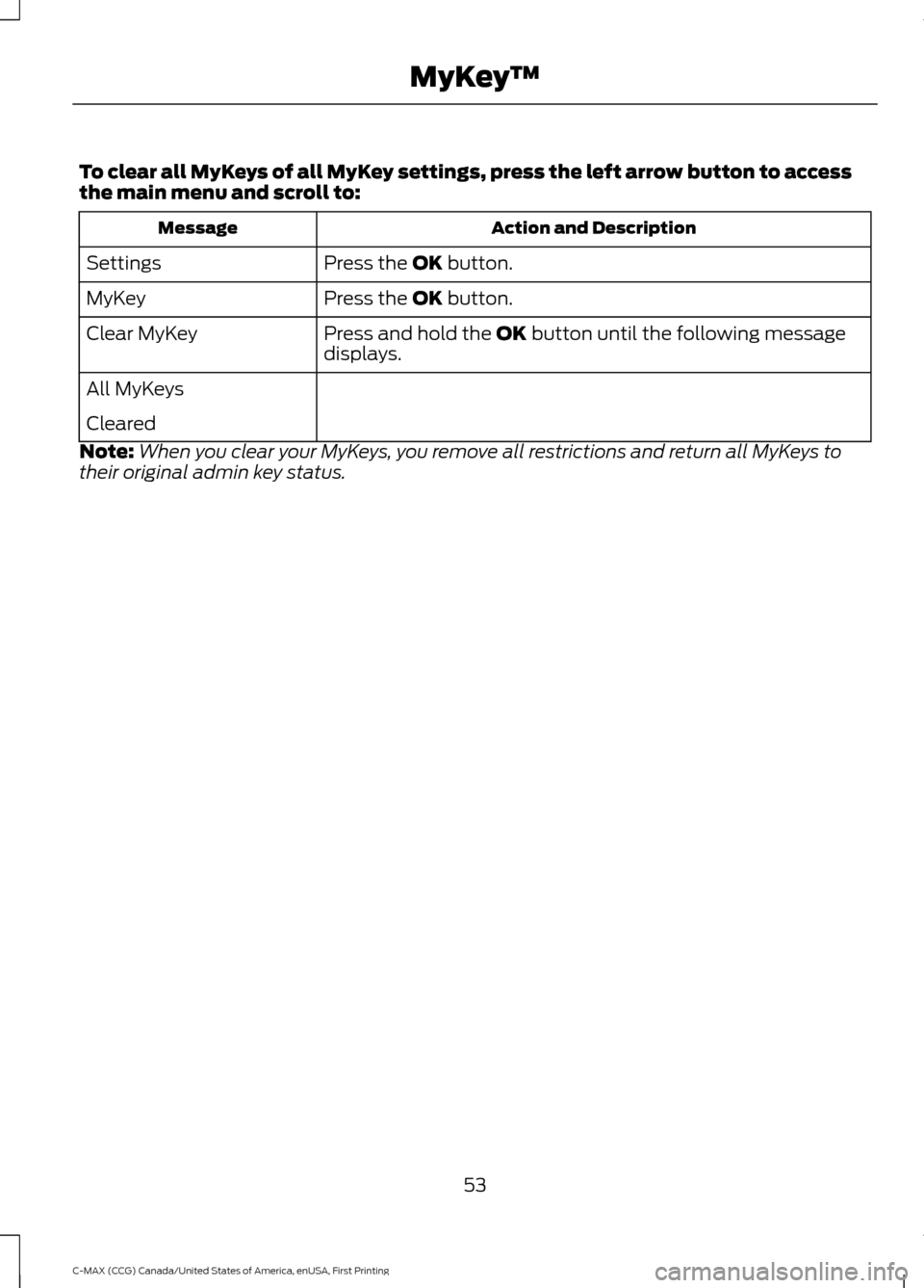 FORD C MAX HYBRID 2016 2.G Workshop Manual To clear all MyKeys of all MyKey settings, press the left arrow button to access
the main menu and scroll to:
Action and Description
Message
Press the OK button.
Settings
Press the 
OK button.
MyKey
P
