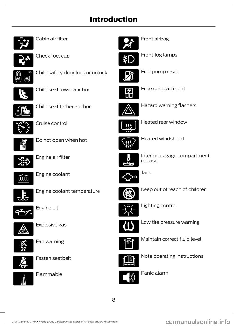 FORD C MAX HYBRID 2017 2.G User Guide Cabin air filter
Check fuel cap
Child safety door lock or unlock
Child seat lower anchor
Child seat tether anchor
Cruise control
Do not open when hot
Engine air filter
Engine coolant
Engine coolant te
