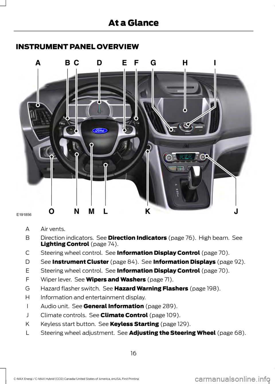 FORD C MAX HYBRID 2017 2.G User Guide INSTRUMENT PANEL OVERVIEW
Air vents.
A
Direction indicators.  See Direction Indicators (page 76).  High beam.  See
Lighting Control (page 74).
B
Steering wheel control.  See 
Information Display Contr