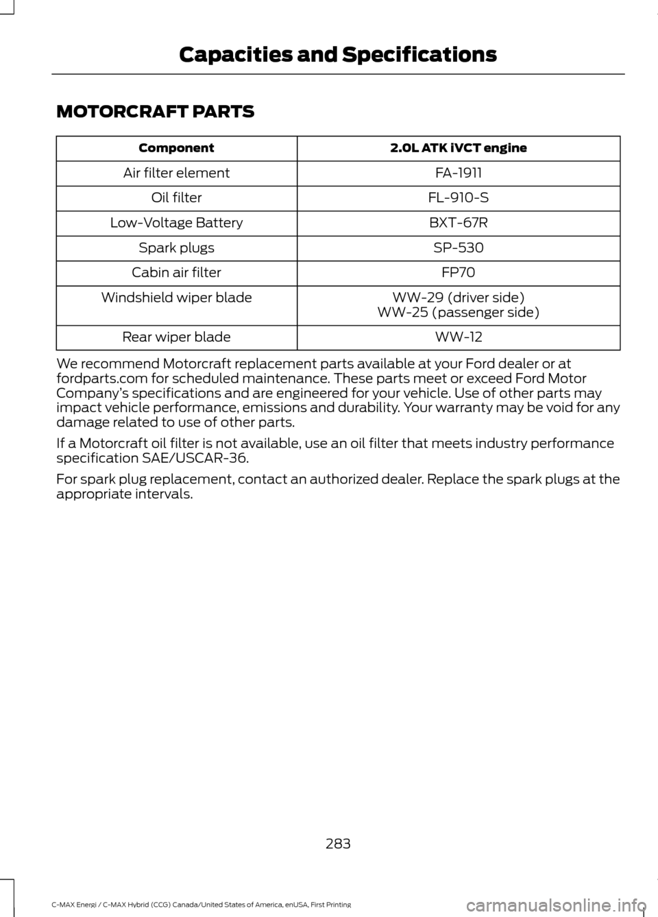 FORD C MAX HYBRID 2017 2.G Owners Manual MOTORCRAFT PARTS
2.0L ATK iVCT engine
Component
FA-1911
Air filter element
FL-910-S
Oil filter
BXT-67R
Low-Voltage Battery
SP-530
Spark plugs
FP70
Cabin air filter
WW-29 (driver side)
Windshield wiper