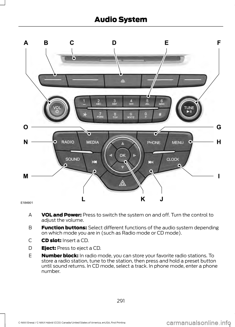 FORD C MAX HYBRID 2017 2.G User Guide VOL and Power: Press to switch the system on and off. Turn the control to
adjust the volume.
A
Function buttons:
Select different functions of the audio system depending
on which mode you are in (suc FORD C MAX HYBRID 2017 2.G User Guide VOL and Power: Press to switch the system on and off. Turn the control to
adjust the volume.
A
Function buttons:
Select different functions of the audio system depending
on which mode you are in (suc
