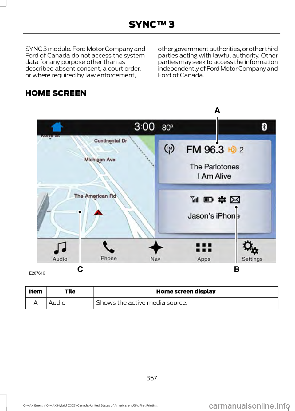 FORD C MAX HYBRID 2017 2.G Owners Manual SYNC 3 module. Ford Motor Company and
Ford of Canada do not access the system
data for any purpose other than as
described absent consent, a court order,
or where required by law enforcement,
other go FORD C MAX HYBRID 2017 2.G Owners Manual SYNC 3 module. Ford Motor Company and
Ford of Canada do not access the system
data for any purpose other than as
described absent consent, a court order,
or where required by law enforcement,
other go