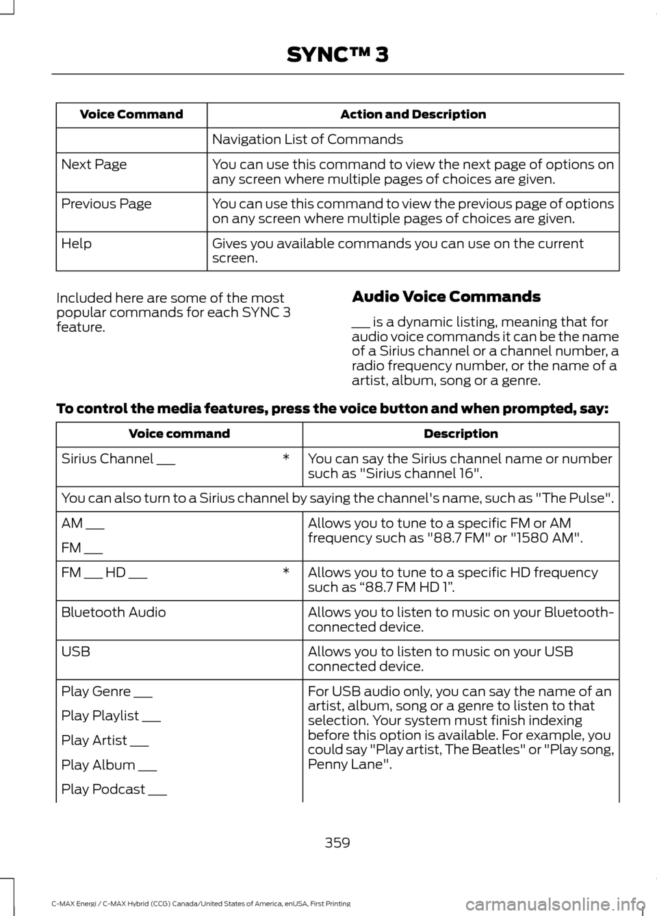 FORD C MAX HYBRID 2017 2.G Owners Manual Action and Description
Voice Command
Navigation List of Commands
You can use this command to view the next page of options on
any screen where multiple pages of choices are given.
Next Page
You can us FORD C MAX HYBRID 2017 2.G Owners Manual Action and Description
Voice Command
Navigation List of Commands
You can use this command to view the next page of options on
any screen where multiple pages of choices are given.
Next Page
You can us