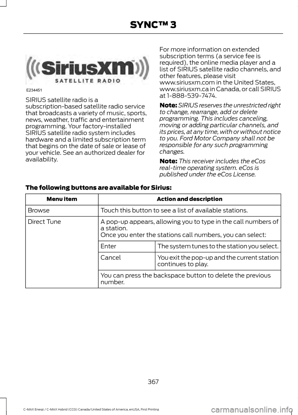 FORD C MAX HYBRID 2017 2.G Owners Guide SIRIUS satellite radio is a
subscription-based satellite radio service
that broadcasts a variety of music, sports,
news, weather, traffic and entertainment
programming. Your factory-installed
SIRIUS s FORD C MAX HYBRID 2017 2.G Owners Guide SIRIUS satellite radio is a
subscription-based satellite radio service
that broadcasts a variety of music, sports,
news, weather, traffic and entertainment
programming. Your factory-installed
SIRIUS s