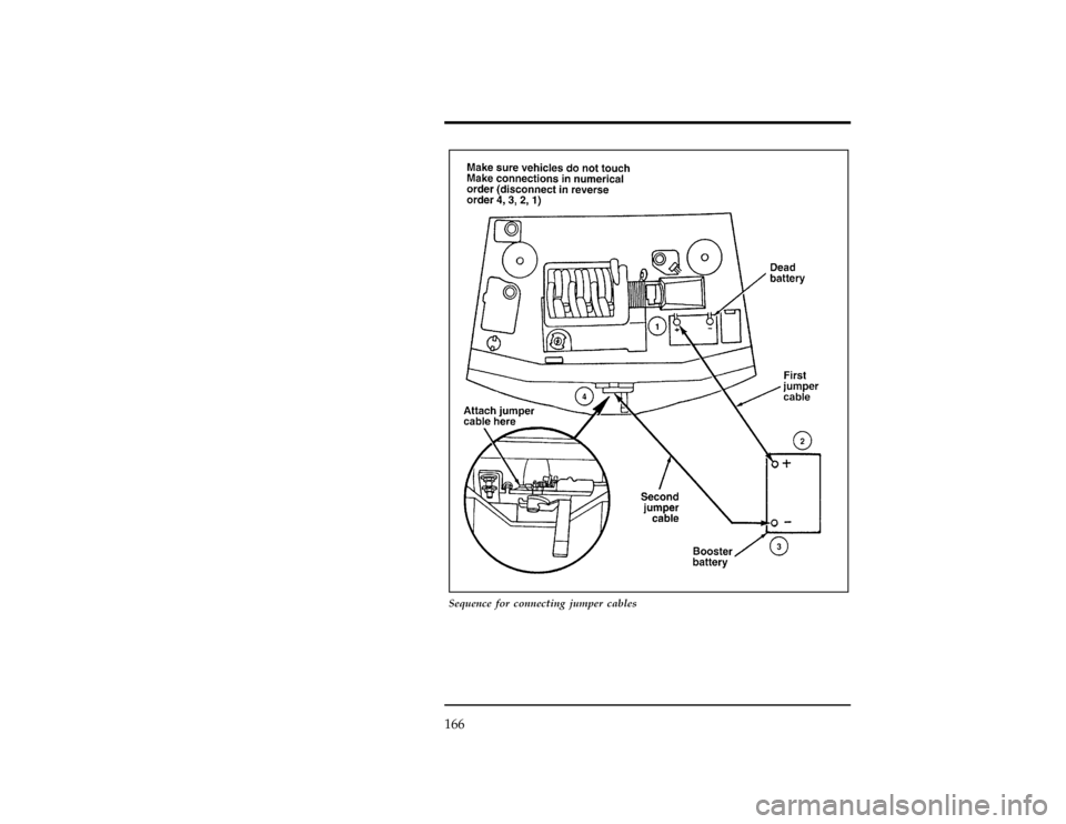 FORD CONTOUR 1996 2.G Owners Manual 166
[RE02975(ALL)01/95]
27-1/2 pica art:0001006-E
Sequence for connecting jumper cables
File:cdreo.ex
Update:Thu Jan 25 12:24:30 1996 