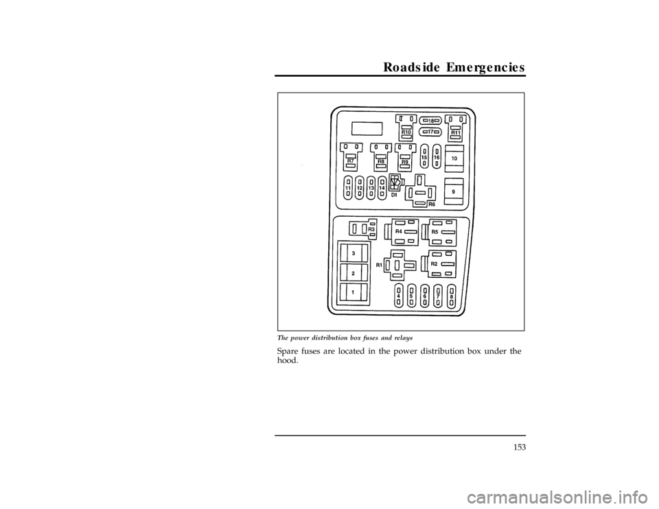 FORD CONTOUR 1997 2.G Owners Manual Roadside Emergencies
153
[ER02600(ALL)12/95]
24 pica art:0001228-A
The power distribution box fuses and relays
[ER02700(ALL)12/95]
Spare fuses are located in the power distribution box under the
hood.