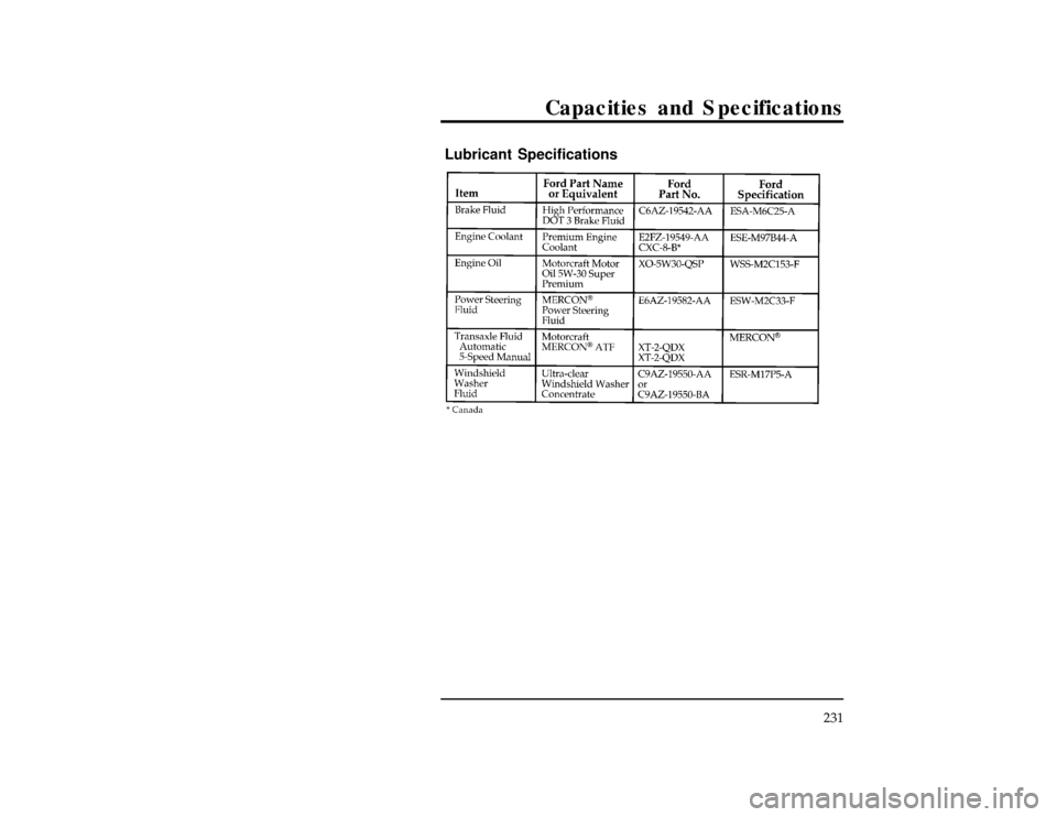 FORD CONTOUR 1997 2.G Owners Manual Capacities and Specifications
231
%*
[CS00700(ALL)01/96]
Lubricant Specifications
[CS00800(ALL)04/96]
twenty-six pica
chart:0000722-RFile:12cdcso.ex
Update:Thu Sep 12 11:08:45 1996 