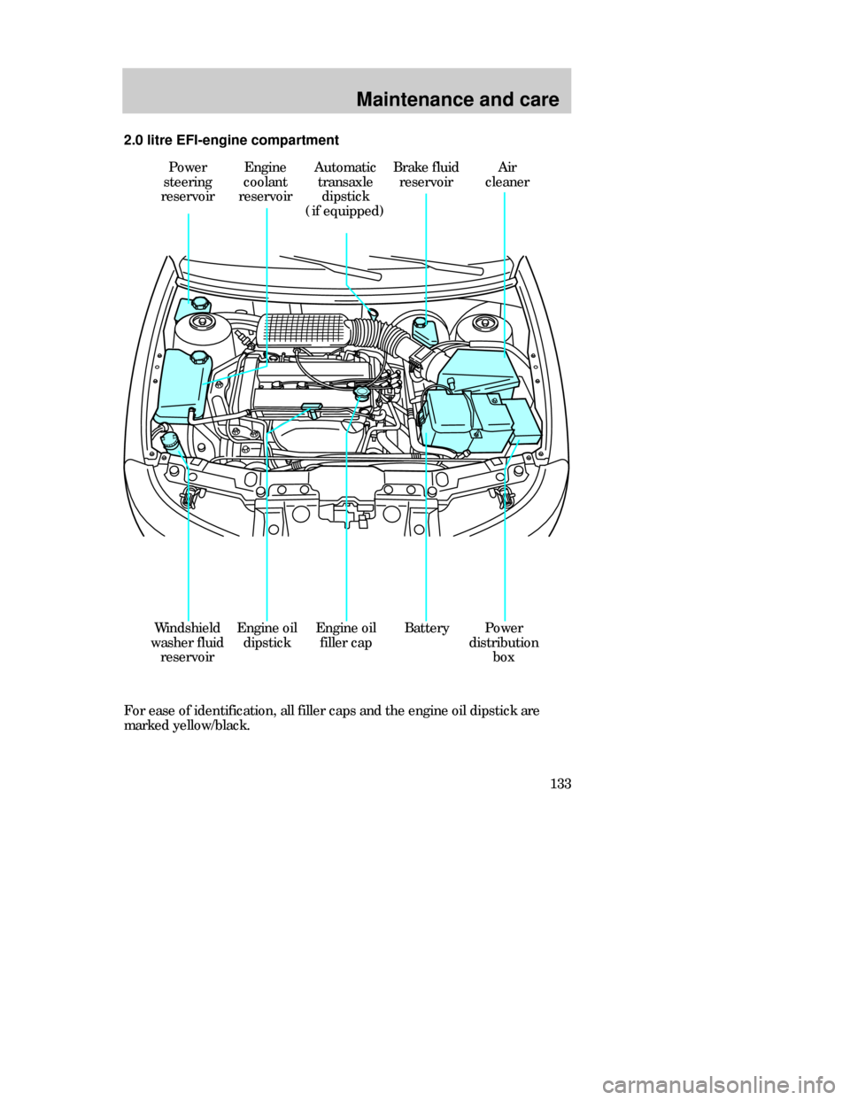 FORD CONTOUR 1998 2.G Owners Manual Maintenance and care
133 For ease of identification, all filler caps and the engine oil dipstick are
marked yellow/black.  2.0 litre EFI-engine compartment
Power
steering
reservoirEngine
coolant
reser