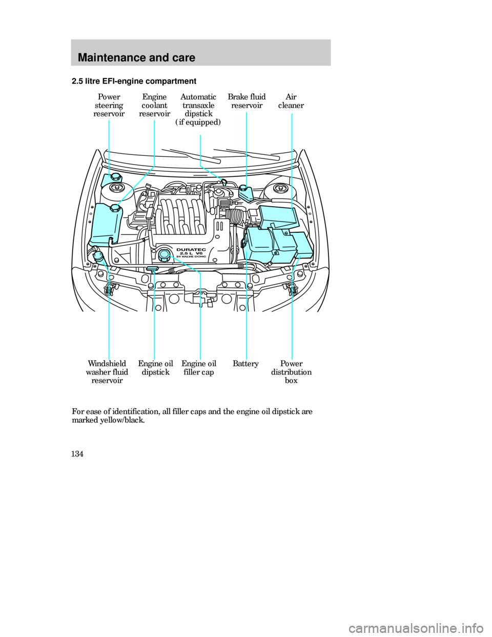 FORD CONTOUR 1998 2.G Owners Manual Maintenance and care
134
Power
steering
reservoirEngine
coolant
reservoir 2.5 litre EFI-engine compartment
For ease of identification, all filler caps and the engine oil dipstick are
marked yellow/bla