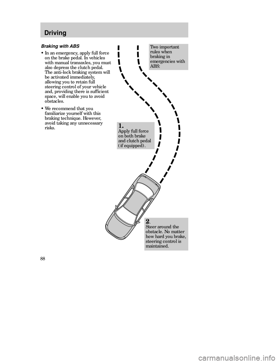 FORD CONTOUR 1998 2.G Owners Manual 88
Two important
rules when
braking in
emergencies with
ABS:
1.
Apply full force
on both brake
and clutch pedal
(if equipped).
Braking with ABS
•In an emergency, apply full force
on the brake pedal.