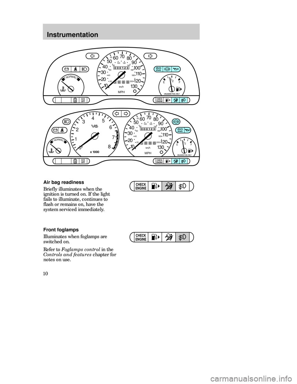 FORD CONTOUR 1998 2.G Owners Manual Instrumentation
10
CHECK
ENGINEAir bag readiness
Briefly illuminates when the
ignition is turned on. If the light
fails to illuminate, continues to
flash or remains on, have the
system serviced immedi