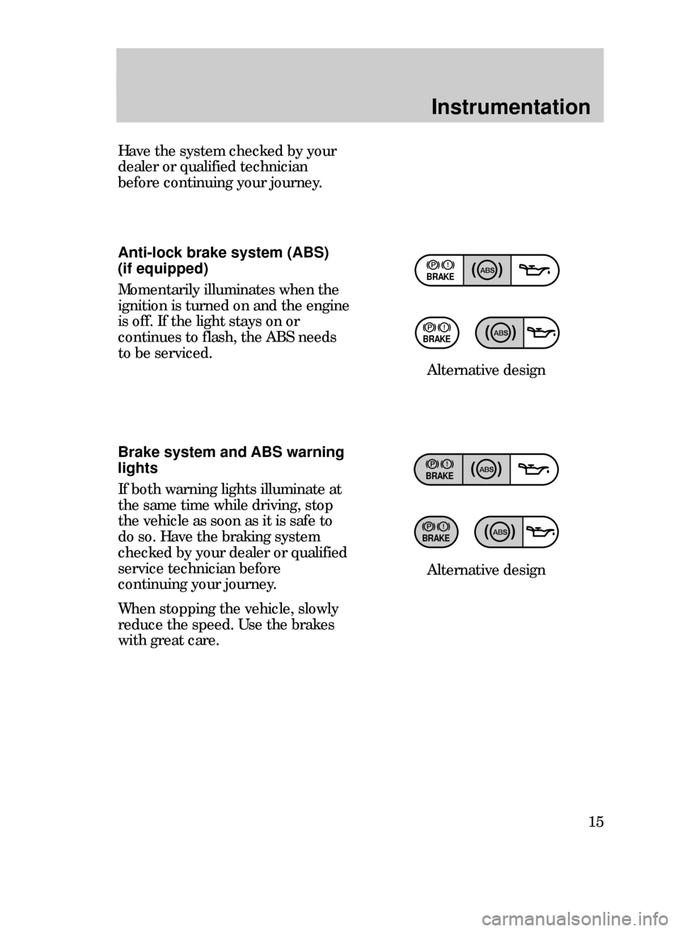 FORD CONTOUR 1999 2.G User Guide Instrumentation
15 Anti-lock brake system (ABS) 
(if equipped)
Momentarily illuminates when the
ignition is turned on and the engine
is off. If the light stays on or
continues to flash, the ABS needs
