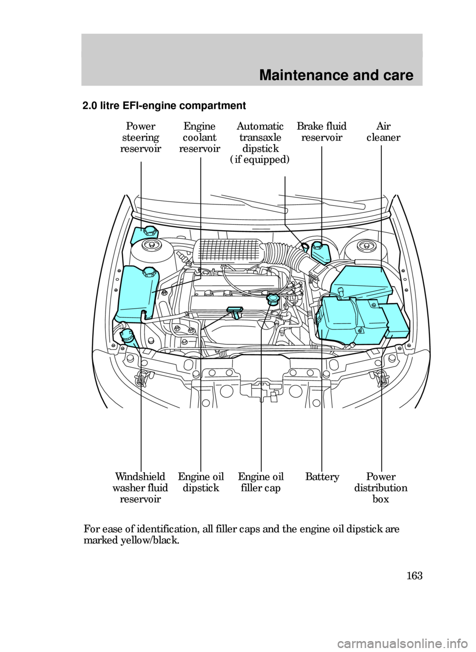 FORD CONTOUR 1999 2.G Owners Manual Maintenance and care
163
For ease of identification, all filler caps and the engine oil dipstick are
marked yellow/black. 
2.0 litre EFI-engine compartment
Power
steering
reservoirEngine
coolant
reser