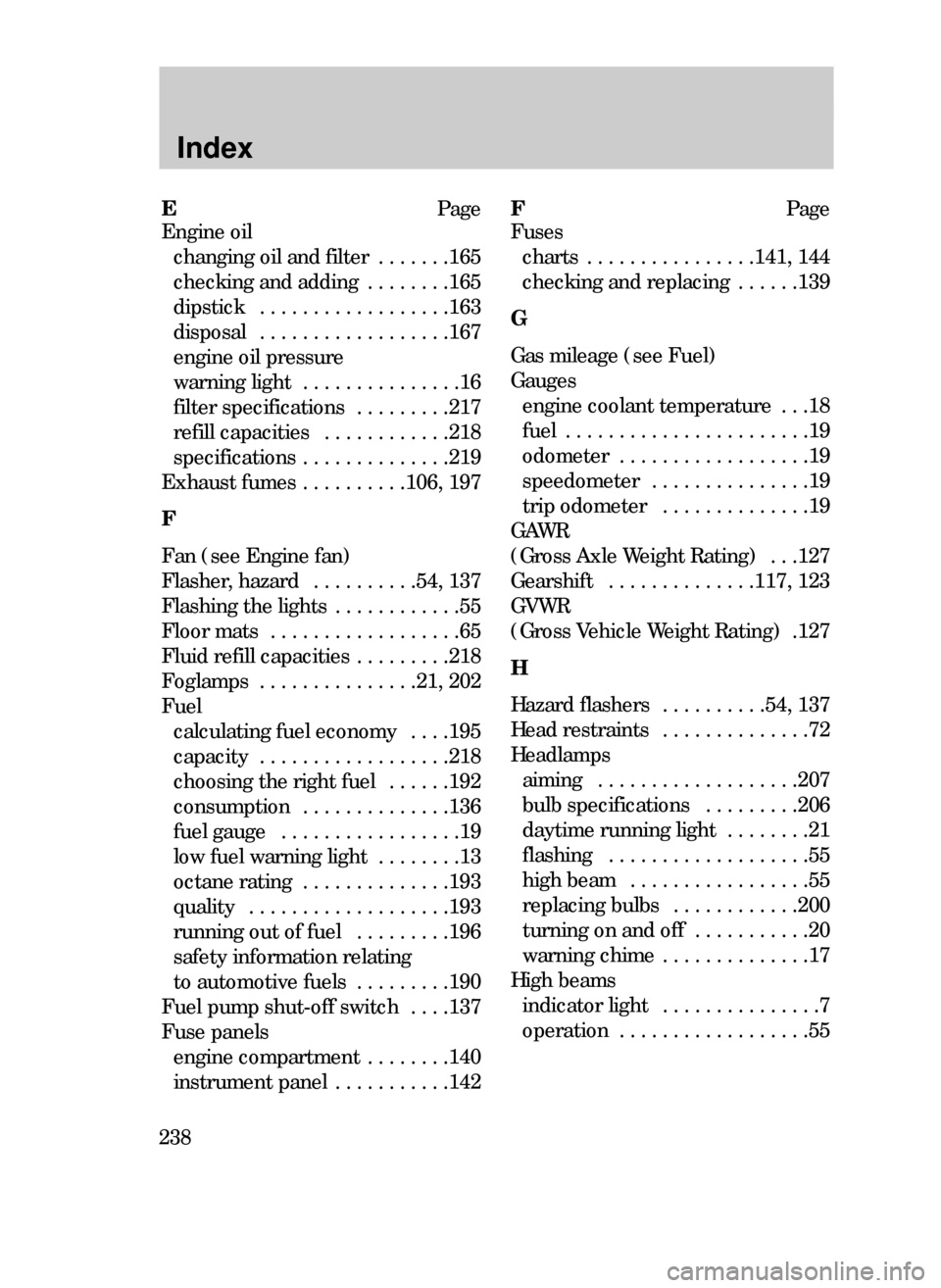 FORD CONTOUR 1999 2.G Owners Manual Index
238
EPage
Engine oil
changing oil and filter  . . . . . . .165
checking and adding  . . . . . . . .165
dipstick  . . . . . . . . . . . . . . . . . .163
disposal  . . . . . . . . . . . . . . . . 