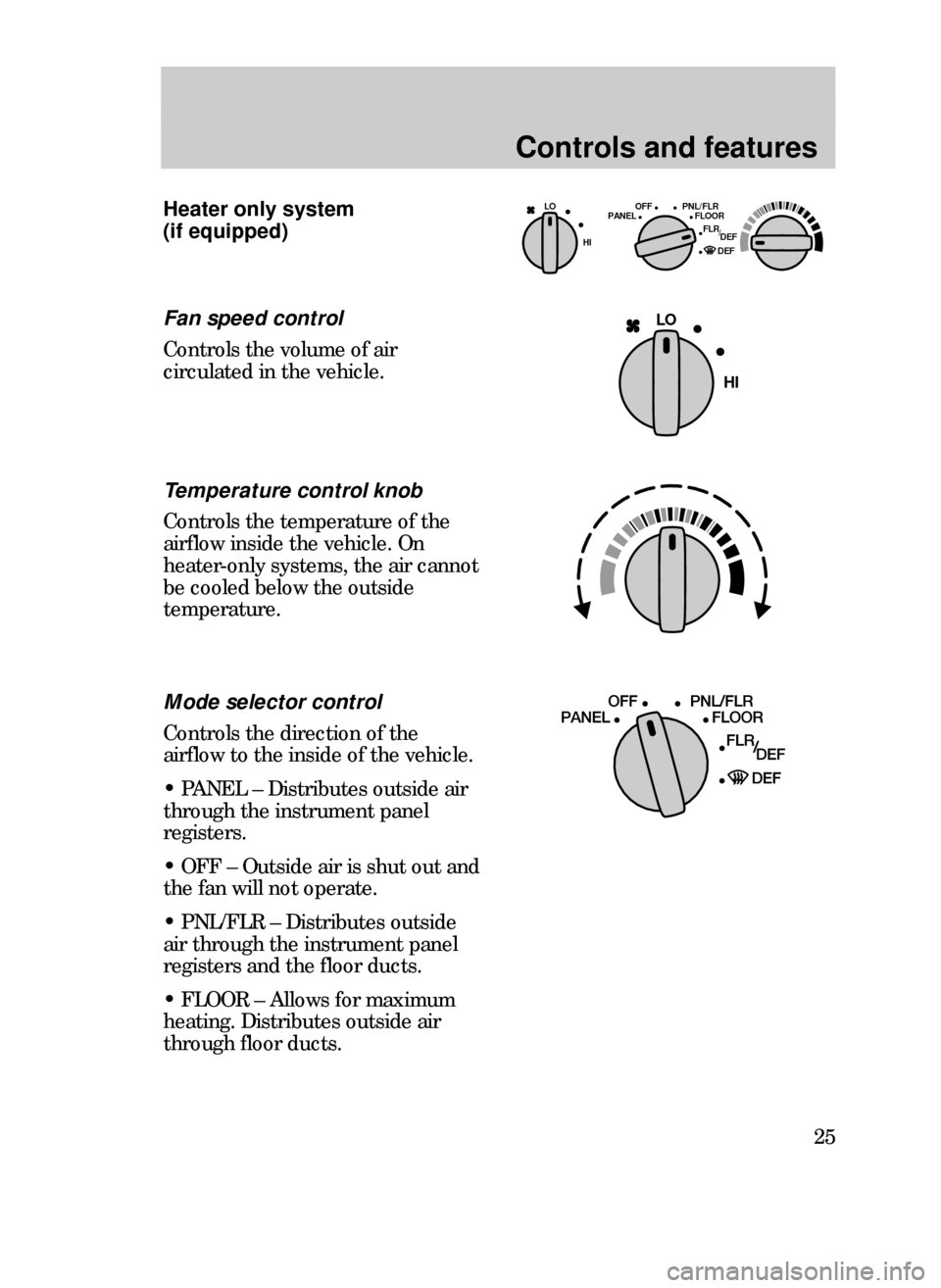 FORD CONTOUR 1999 2.G Owners Manual Controls and features
25
Heater only system 
(if equipped)OFF LO PNL/FLR
PANEL FLOOR
DEF FLR 
        DEF
HI/
LO
HI
Temperature control knob
Controls the temperature of the
airflow inside the vehicle.