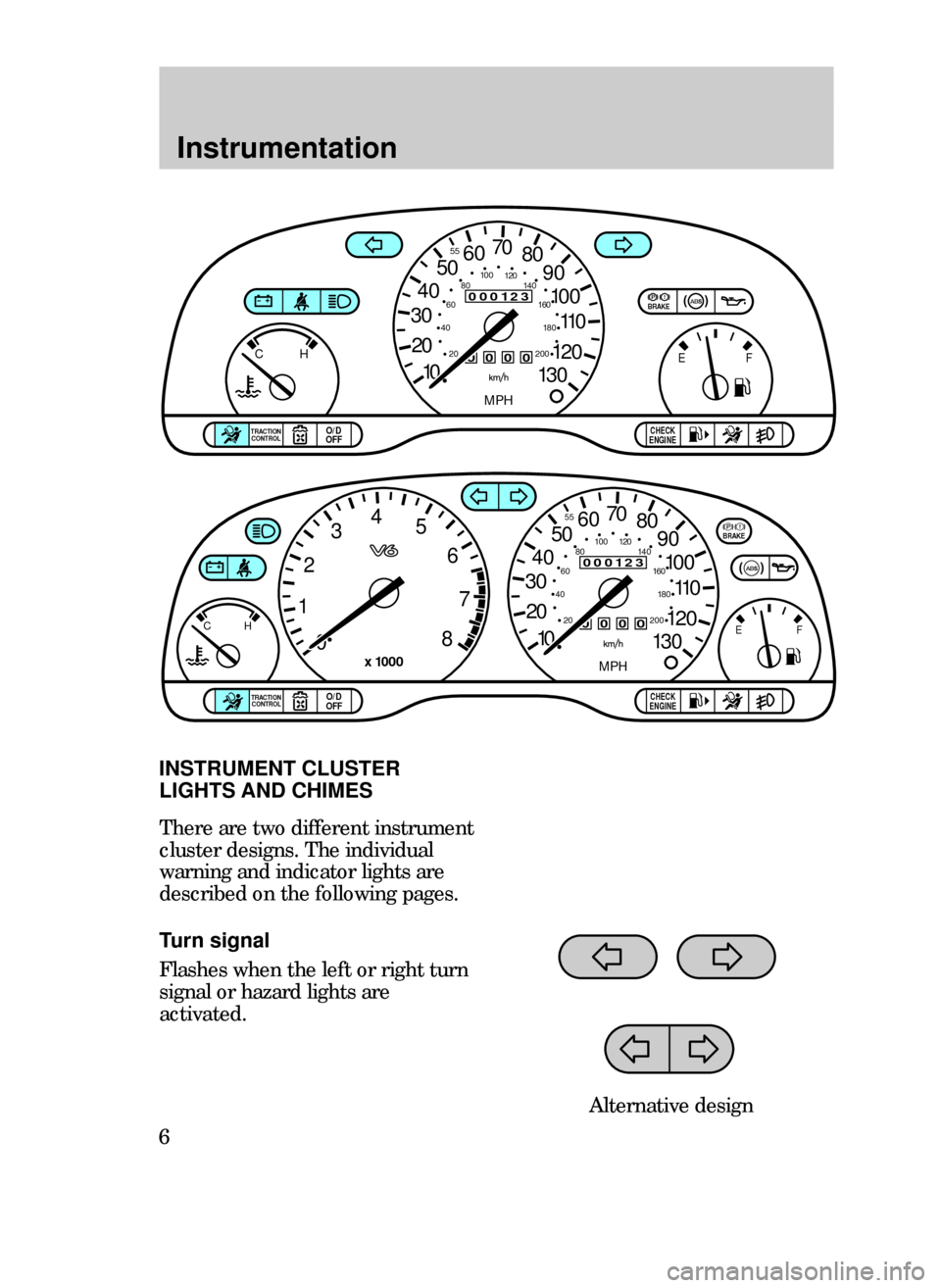FORD CONTOUR 1999 2.G Owners Manual Instrumentation
6
Turn signal
Flashes when the left or right turn
signal or hazard lights are
activated.
There are two different instrument
cluster designs. The individual
warning and indicator lights FORD CONTOUR 1999 2.G Owners Manual Instrumentation
6
Turn signal
Flashes when the left or right turn
signal or hazard lights are
activated.
There are two different instrument
cluster designs. The individual
warning and indicator lights