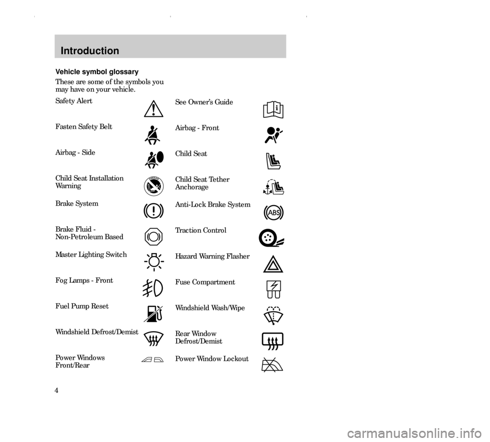 FORD CONTOUR 2000 2.G Owners Manual Introduction
4Vehicle symbol glossary
These are some of the symbols you 
may have on your vehicle.
Safety Alert
Fasten Safety Belt
Airbag - Side
Child Seat Installation 
Warning
Brake System
Brake Flu