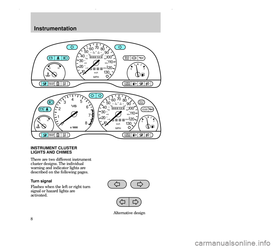 FORD CONTOUR 2000 2.G Owners Manual Instrumentation
8Turn signal
Flashes when the left or right turn
signal or hazard lights are
activated. There are two different instrument
cluster designs. The individual
warning and indicator lights 