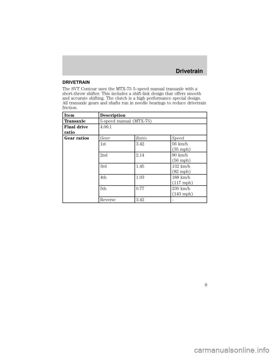 FORD CONTOUR 2000 2.G SVT Supplement Manual DRIVETRAIN
The SVT Contour uses the MTX-75 5±speed manual transaxle with a
short-throw shifter. This includes a shift-link design that offers smooth
and accurate shifting. The clutch is a high perfor