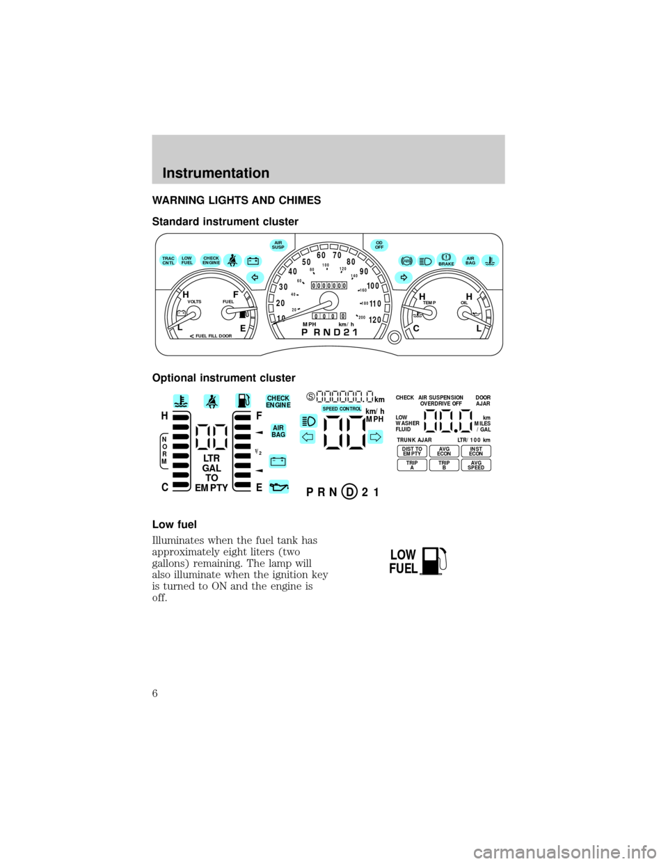 FORD CROWN VICTORIA 1998 2.G Owners Manual WARNING LIGHTS AND CHIMES
Standard instrument cluster
Optional instrument cluster
Low fuel
Illuminates when the fuel tank has
approximately eight liters (two
gallons) remaining. The lamp will
also ill